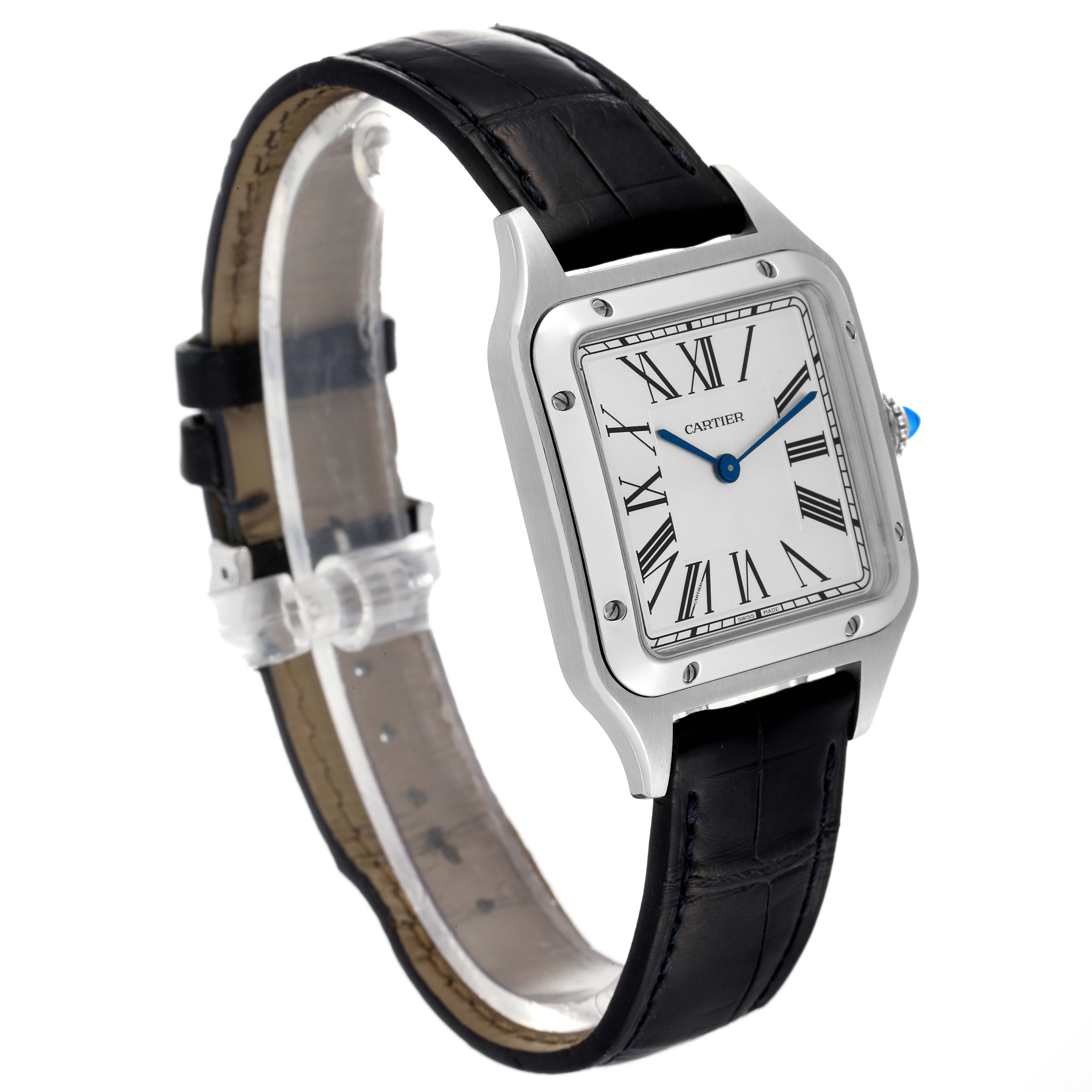 The image shows a Cartier Santos Dumont WSSA0022 Men
s Stainless Steel Silver Dial WSSA0022 Men
s Stainless Steel Silver Dial watch at an angle showcasing its face, bezel, and black leather strap.