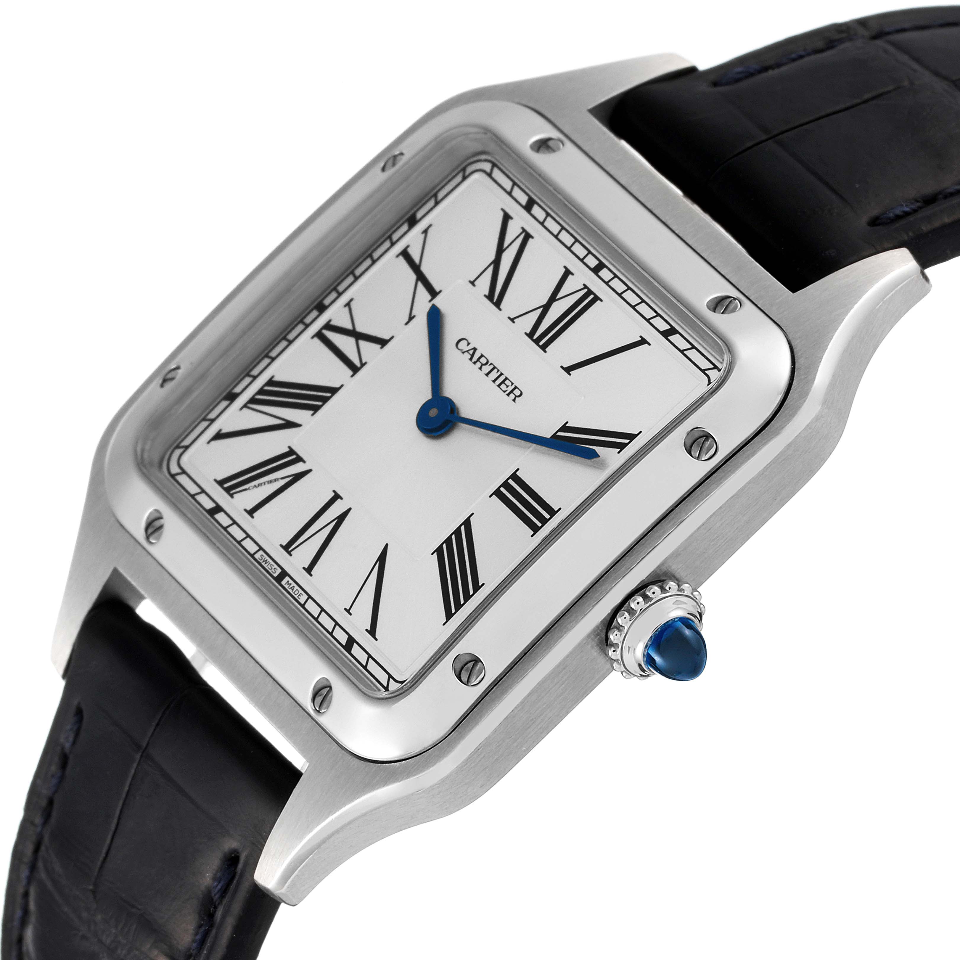 The Cartier Santos Dumont WSSA0022 Men
s Stainless Steel Silver Dial WSSA0022 Men
s Stainless Steel Silver Dial watch is shown at a slight angle, highlighting the face, crown, and black leather strap.