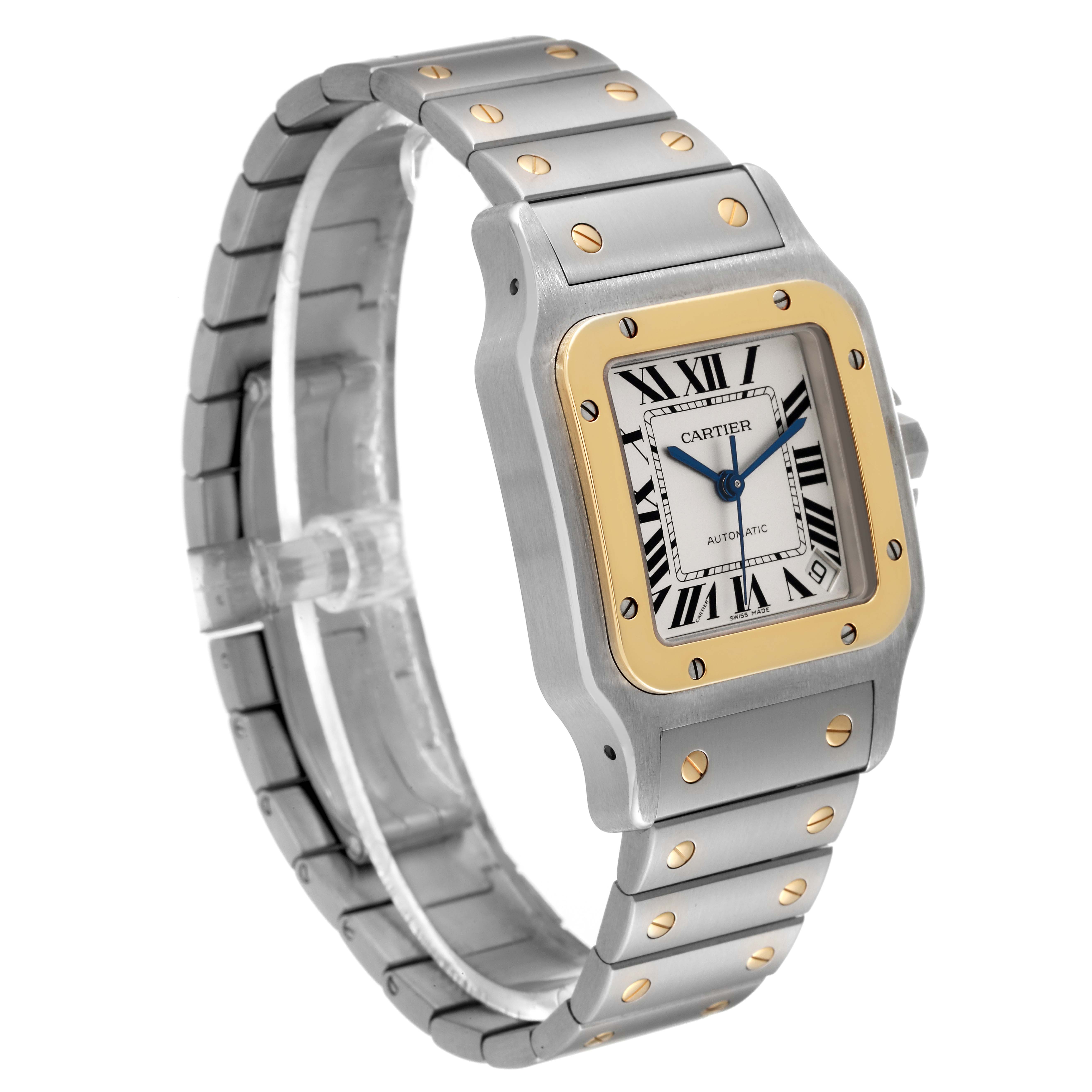 The image shows a Cartier Santos W20099C4 Men
s Stainless Steel Silver Dial W20099C4 Men
s Stainless Steel Silver Dial watch from a front-left angle, highlighting the face, bezel, and bracelet.