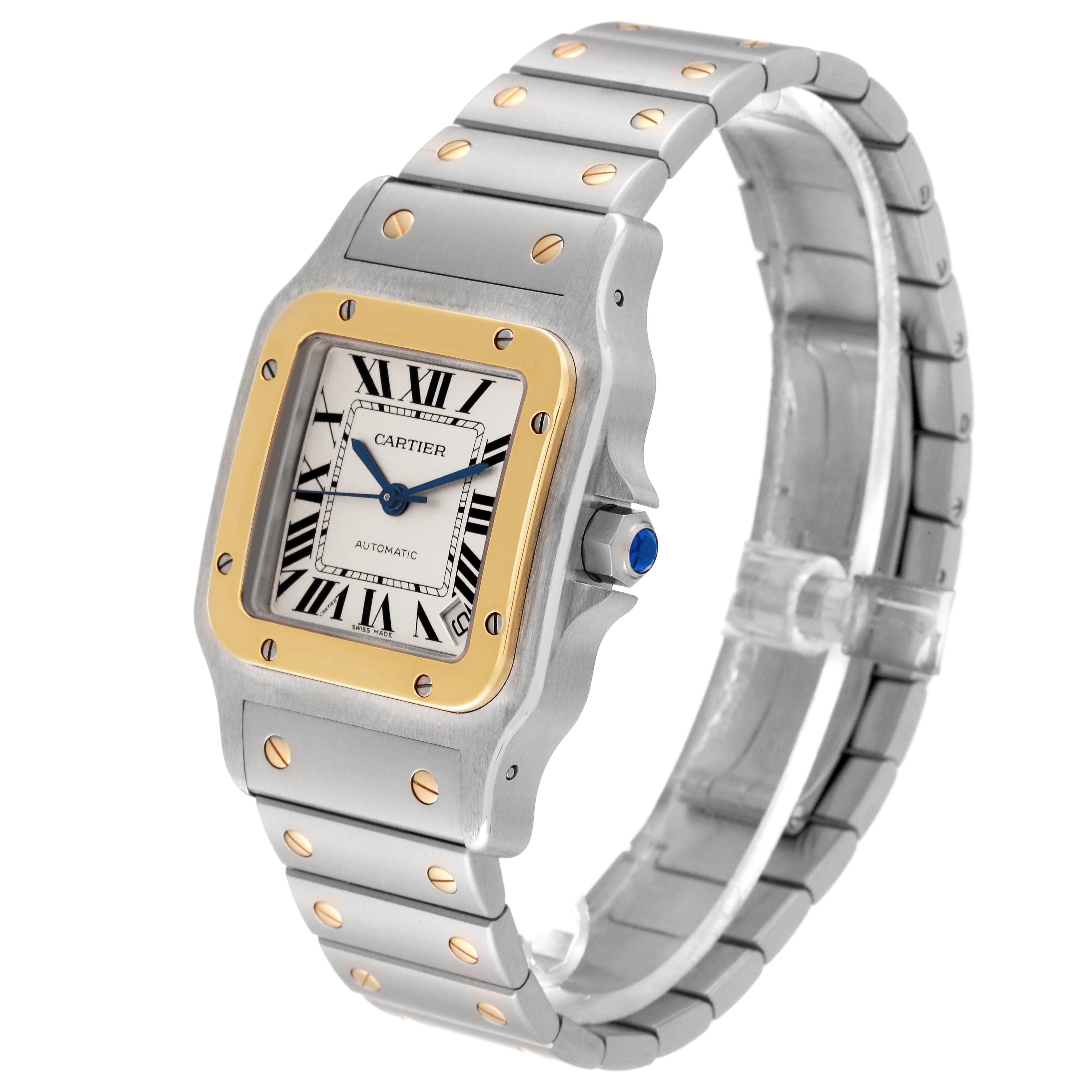 The image shows a Cartier Santos W20099C4 Men
s Stainless Steel Silver Dial W20099C4 Men
s Stainless Steel Silver Dial model watch from a front angle, highlighting the face, bezel, bracelet, and crown.