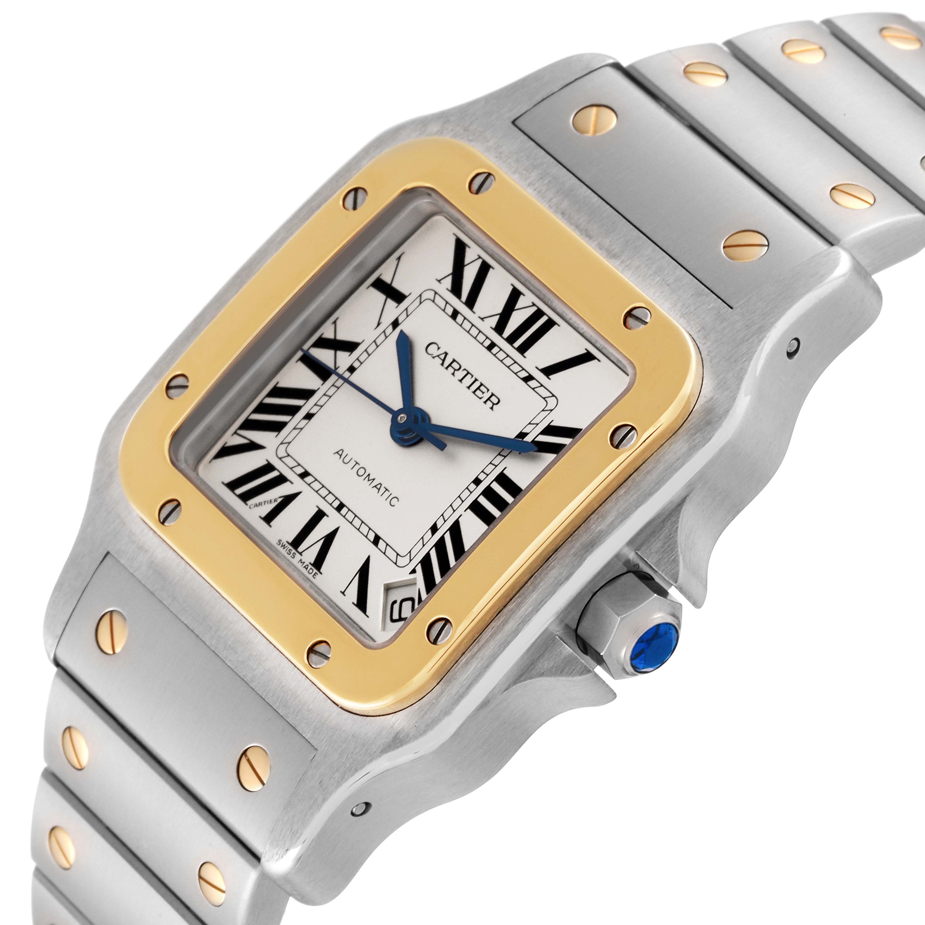 The image shows a Cartier Santos W20099C4 Men
s Stainless Steel Silver Dial W20099C4 Men
s Stainless Steel Silver Dial watch from a side angle, displaying the dial, bezel, crown, and bracelet.