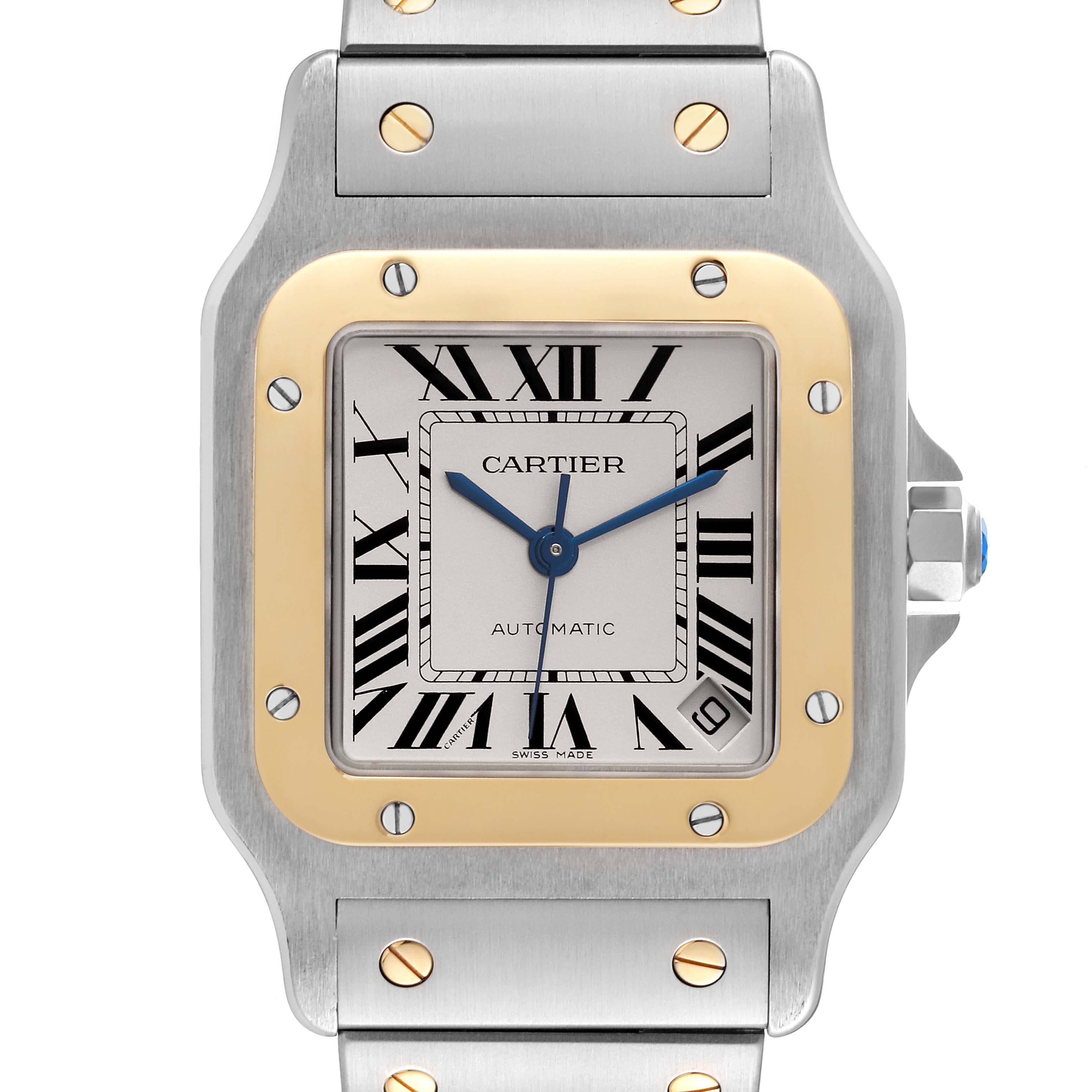 The image shows a front view of a Cartier Santos W20099C4 Men
s Stainless Steel Silver Dial W20099C4 Men
s Stainless Steel Silver Dial watch displaying its dial, bezel, and partial bracelet.