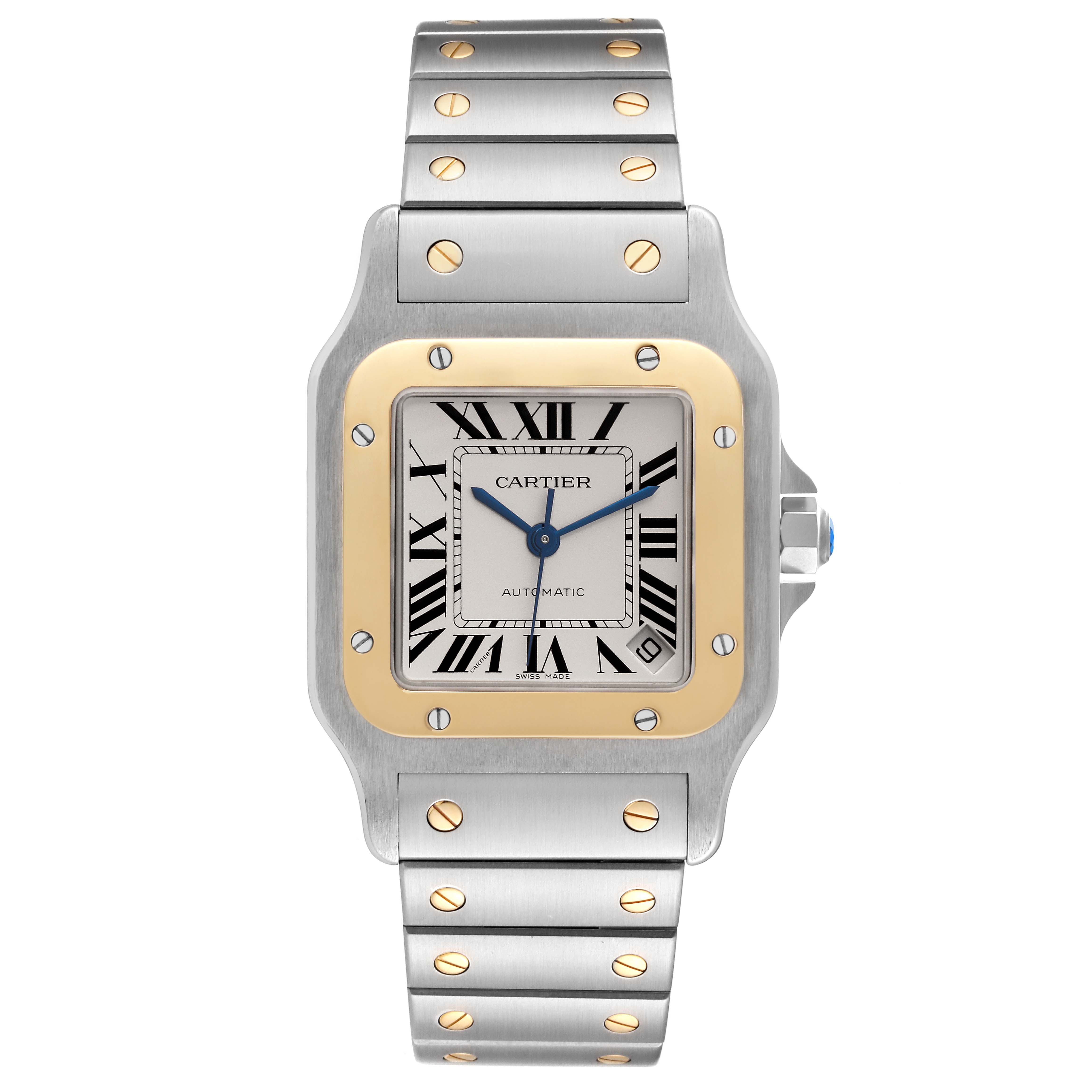 This image shows a front view of the Santos model by Cartier, highlighting its bezel, dial, hands, and bracelet.