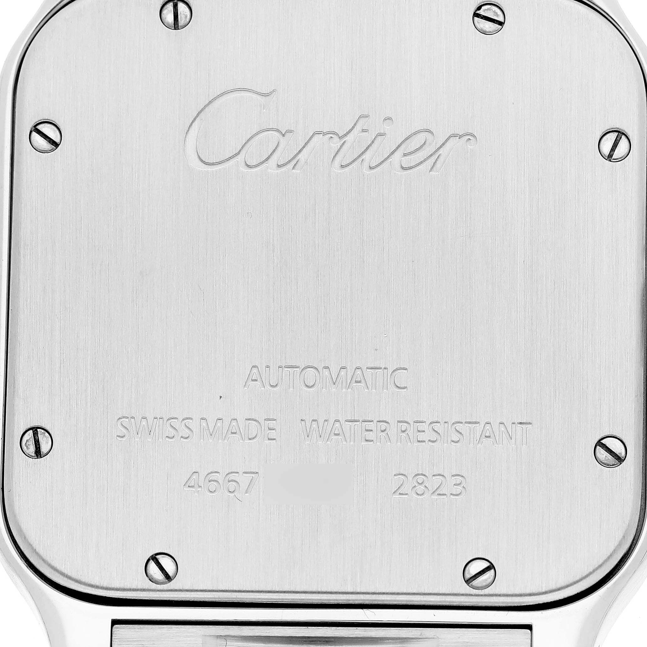 This image shows the back case of the Cartier Santos W20099C4 Men
s Stainless Steel Silver Dial W20099C4 Men
s Stainless Steel Silver Dial watch, featuring branding and technical specifications.