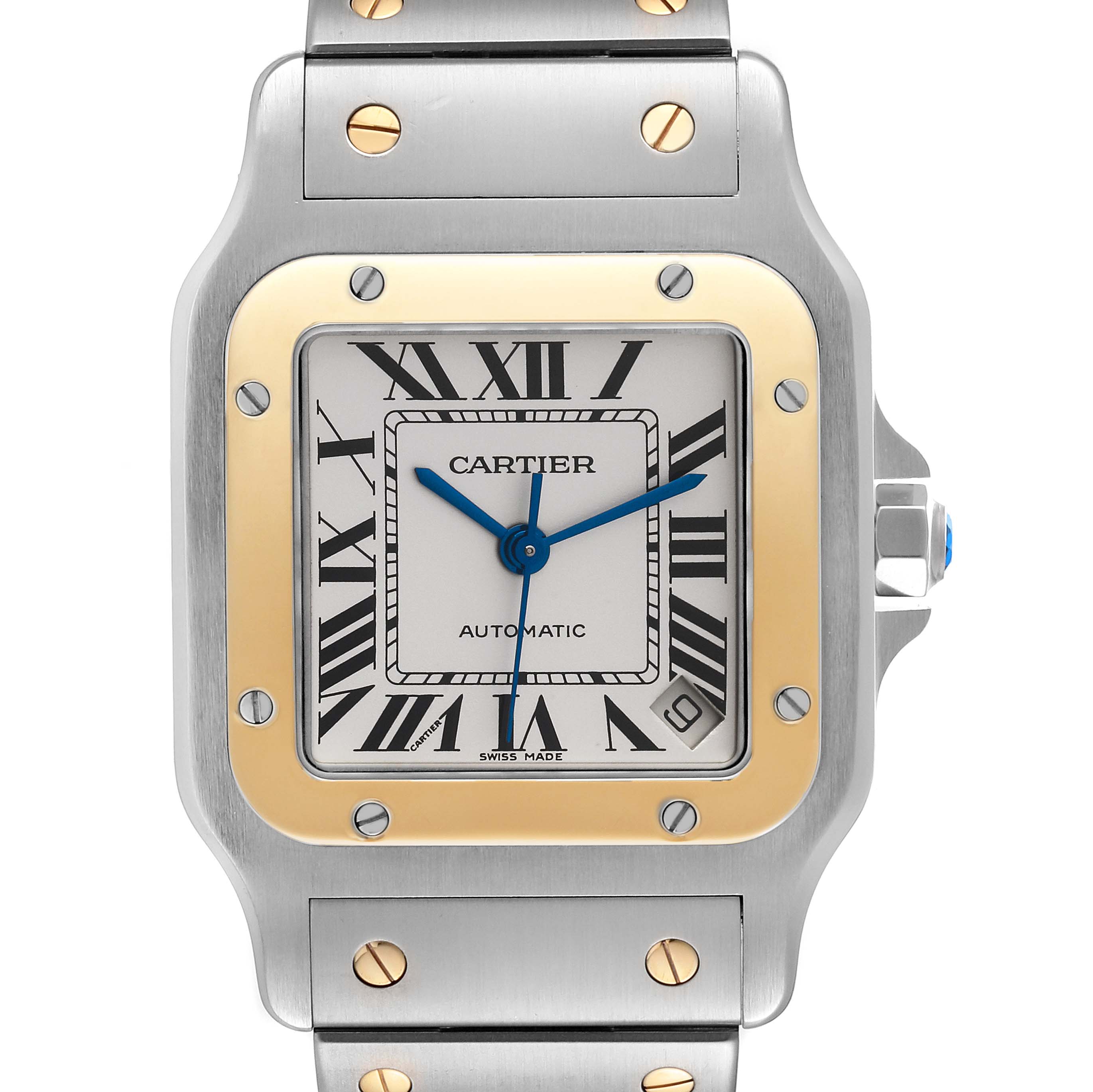 The image shows a frontal view of the Cartier Santos W20099C4 Men
s Steel and Gold (two tone) Silver Dial W20099C4 Men
s Steel and Gold (two tone) Silver Dial watch, displaying its face, bezel, and part of the strap.