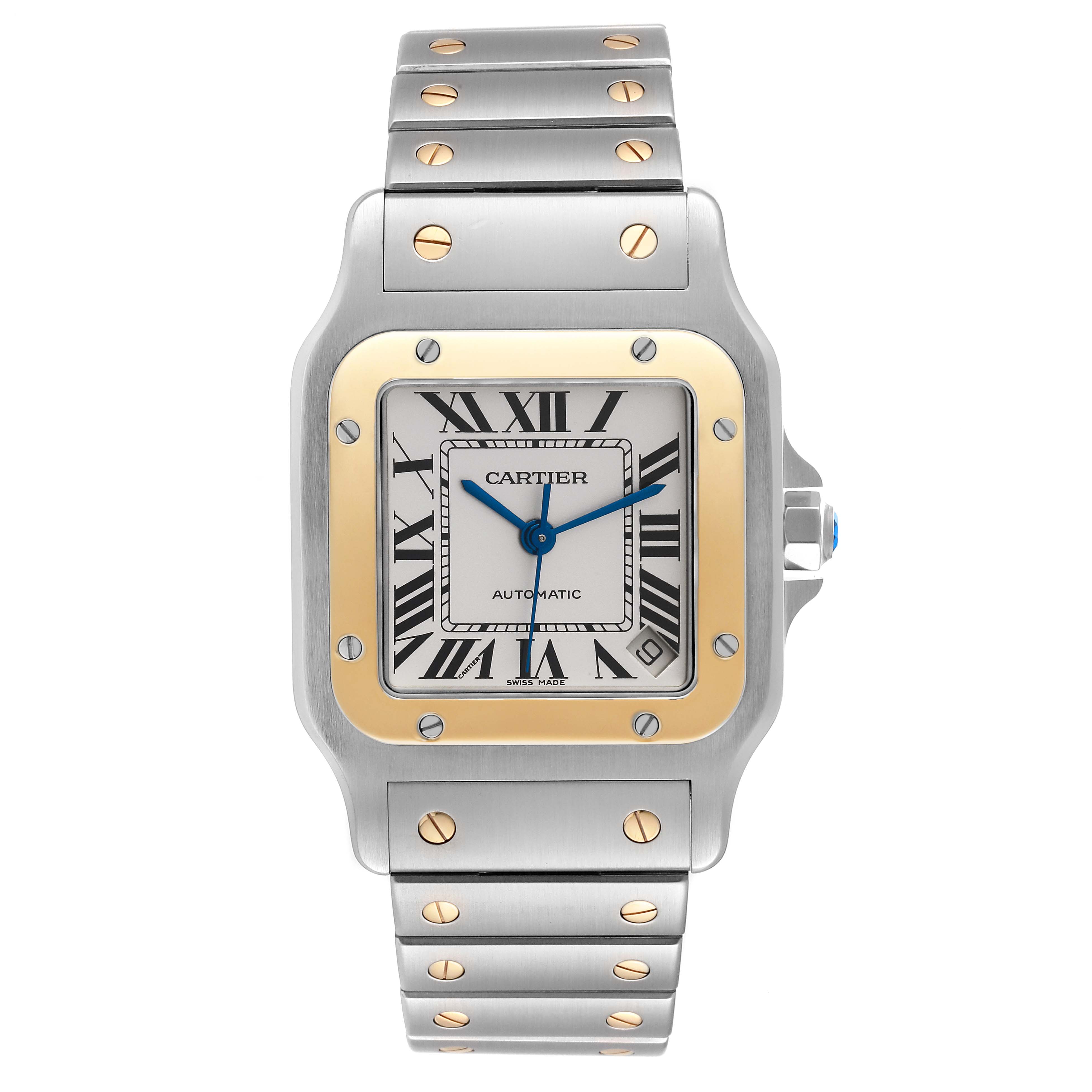 The image shows a front view of a Santos model watch by Cartier, highlighting its rectangular face, metal bracelet, and Roman numeral markers.