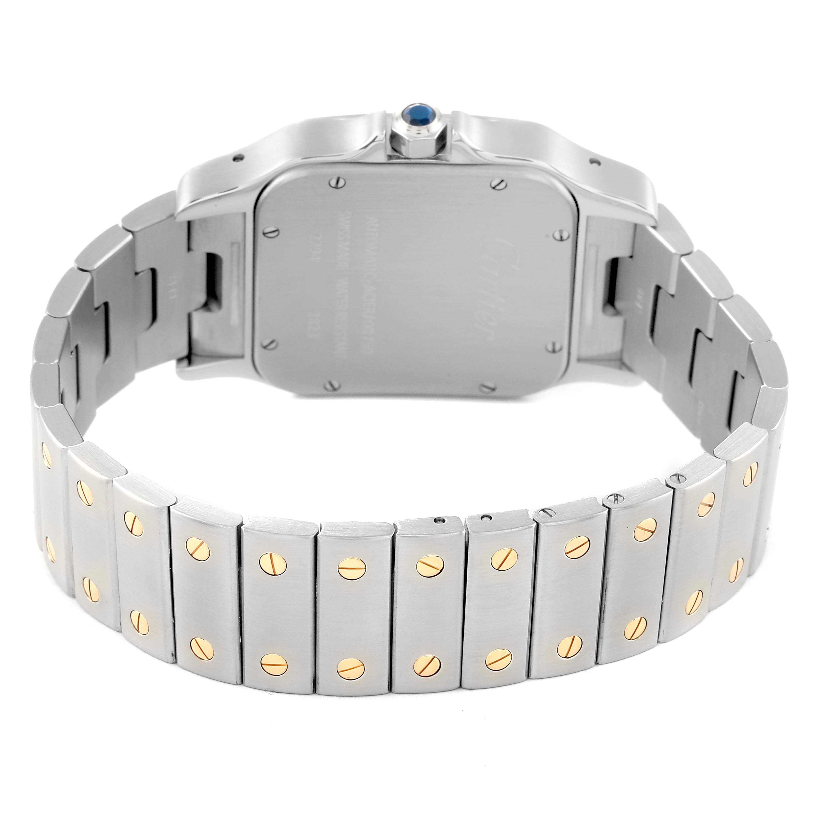 The image shows the back of the Cartier Santos W20099C4 Men
s Steel and Gold (two tone) Silver Dial W20099C4 Men
s Steel and Gold (two tone) Silver Dial watch, focusing on the case back and the bracelet with gold screw accents.