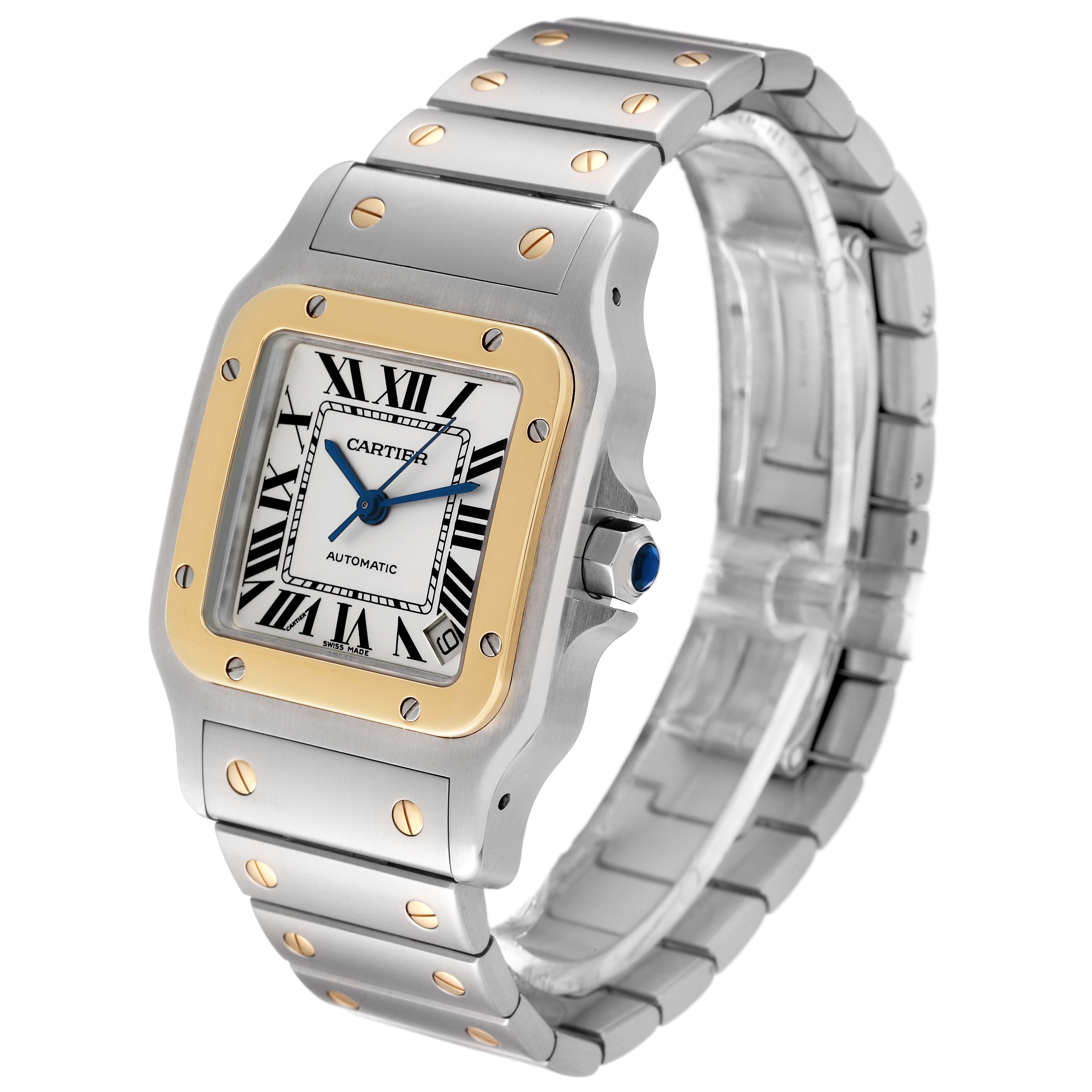 The image shows a Cartier Santos W20099C4 Men
s Steel and Gold (two tone) Silver Dial W20099C4 Men
s Steel and Gold (two tone) Silver Dial watch from a three-quarter angle, highlighting its bezel, dial, and bracelet.