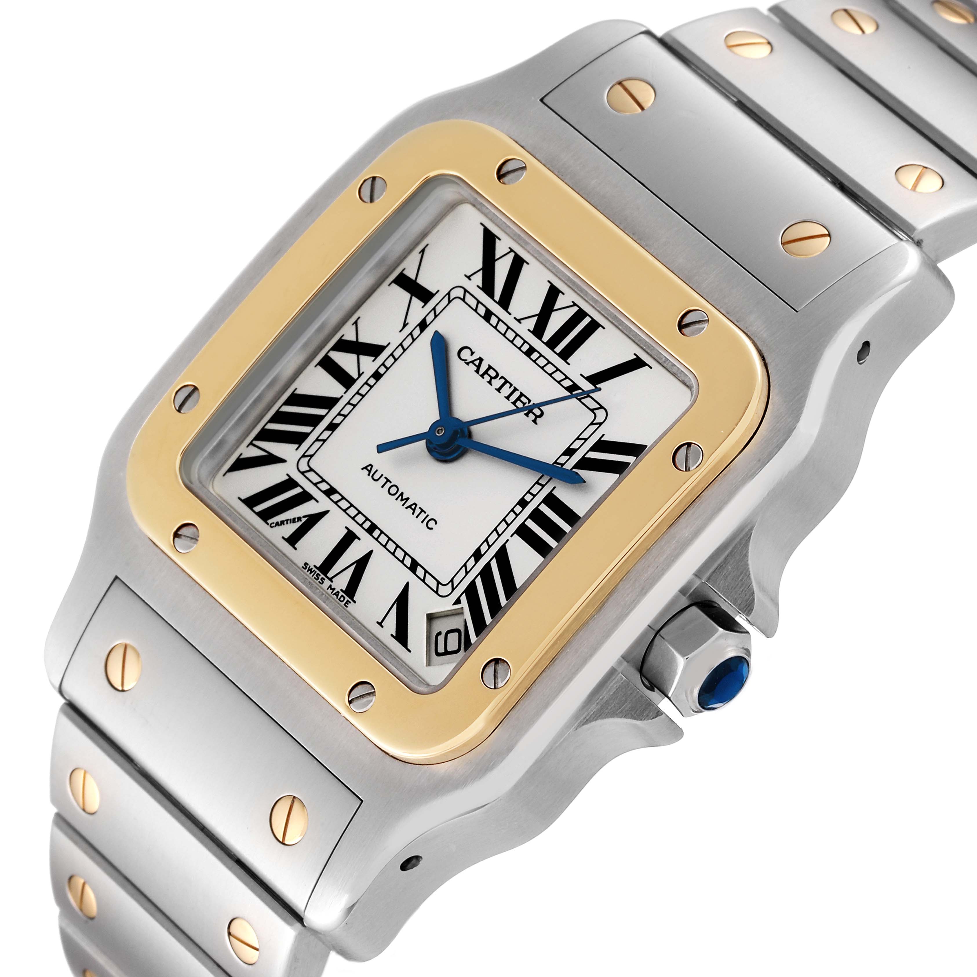 This image shows the Cartier Santos W20099C4 Men
s Steel and Gold (two tone) Silver Dial W20099C4 Men
s Steel and Gold (two tone) Silver Dial watch face and bracelet from an angled close-up view, highlighting its Roman numeral dial and bezel.