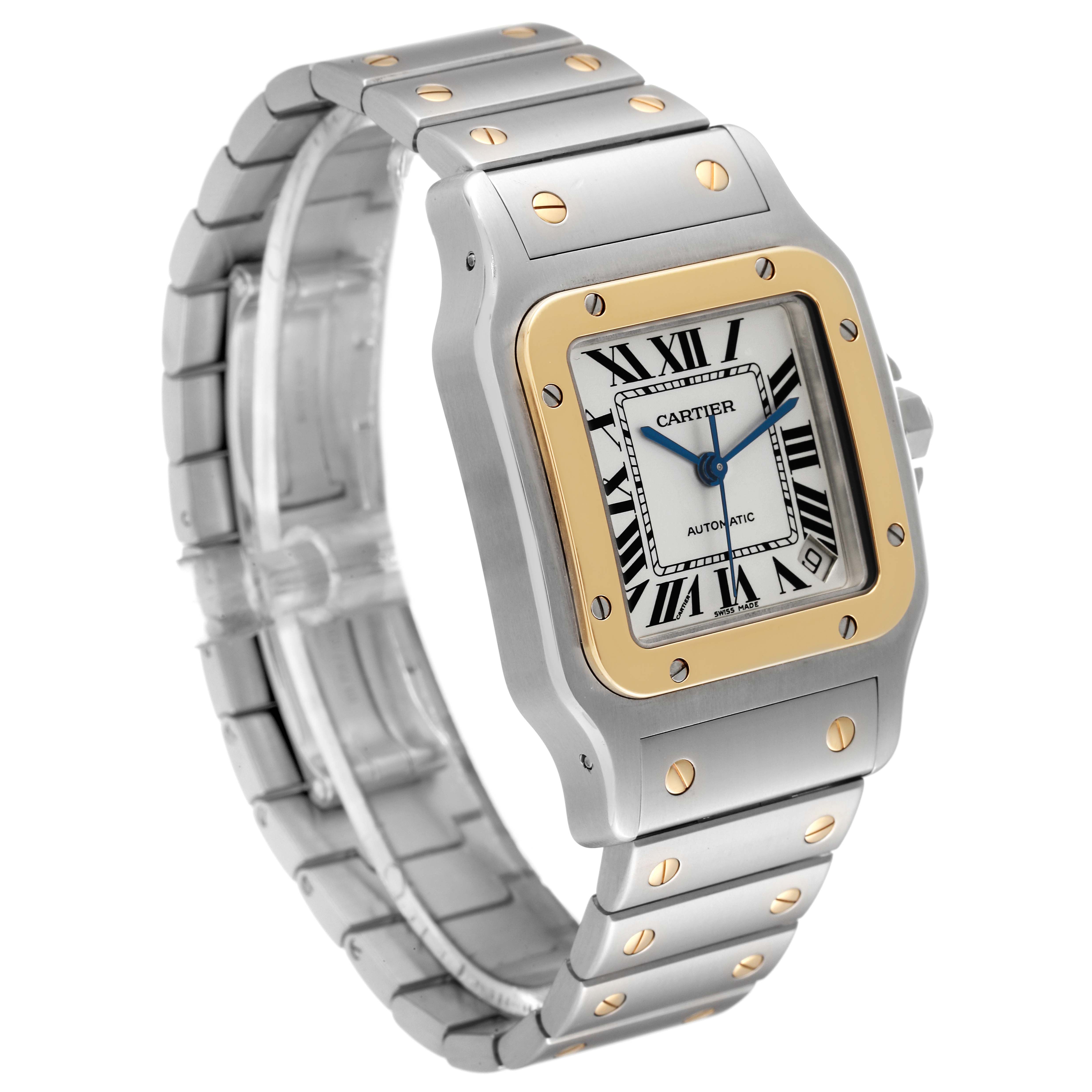 The Cartier Santos W20099C4 Men
s Steel and Gold (two tone) Silver Dial W20099C4 Men
s Steel and Gold (two tone) Silver Dial model watch is shown at a slight angle, featuring its face, bezel, and part of the metal strap.