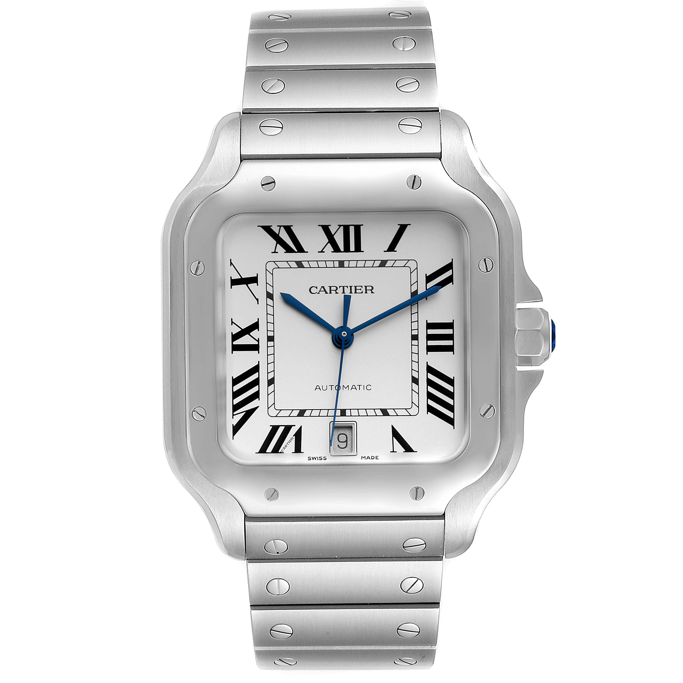 The image shows a front view of the Cartier Santos WSSA0018 Men's Stainless Steel Silver Dial WSSA0018 Men's Stainless Steel Silver Dial watch, featuring its stainless steel case, dial, and bracelet.