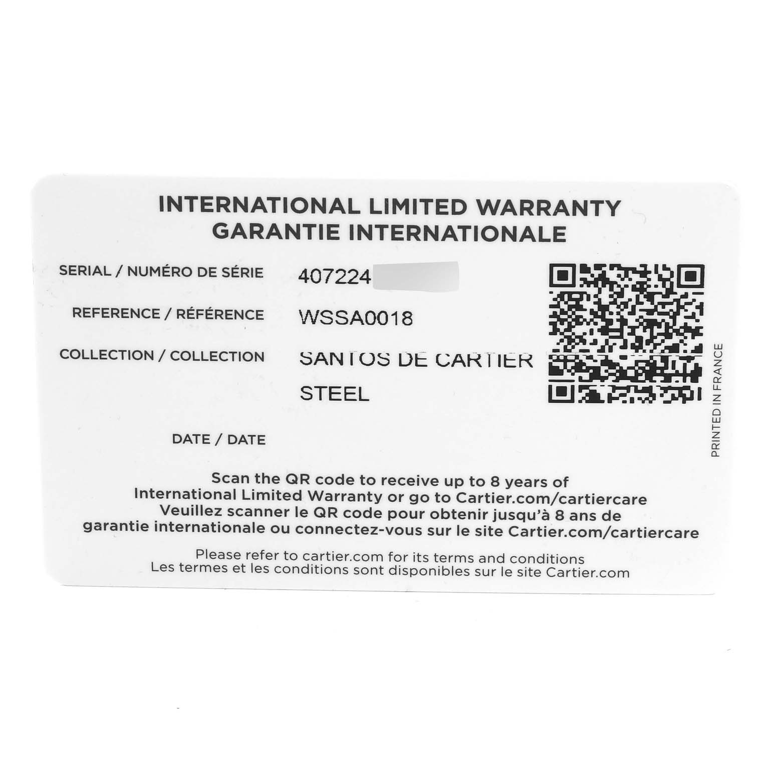 This image shows the International Limited Warranty card for the Santos de Cartier watch model.