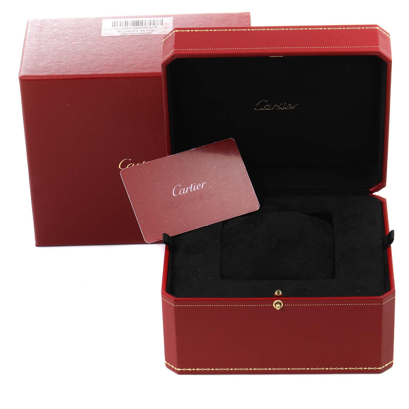 The image shows the red presentation box and authenticity card for the Santos model by Cartier.