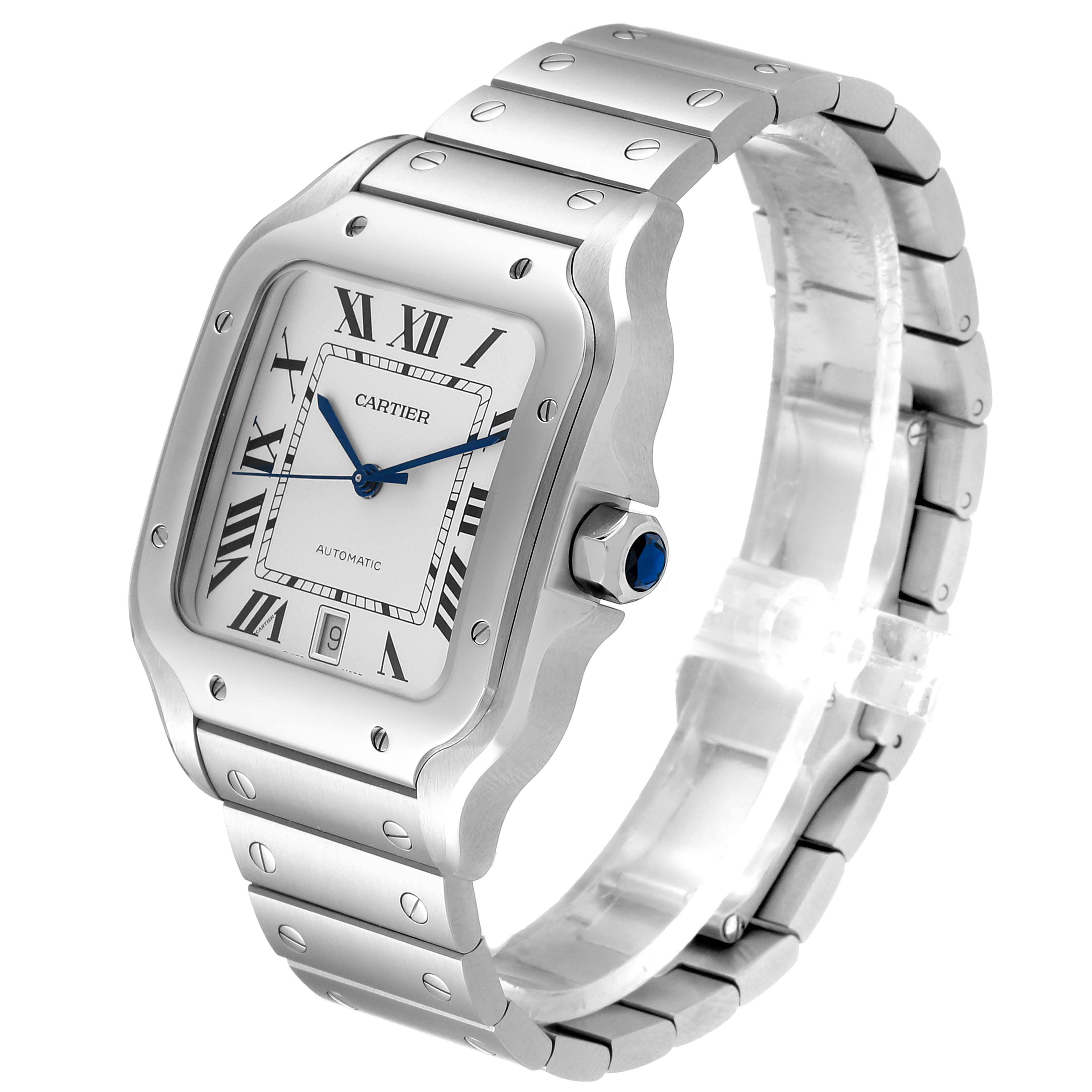 This image shows a Cartier Santos WSSA0018 Men's Stainless Steel Silver Dial WSSA0018 Men's Stainless Steel Silver Dial model watch at a three-quarter angle, highlighting its face, bezel, crown, and metal bracelet.