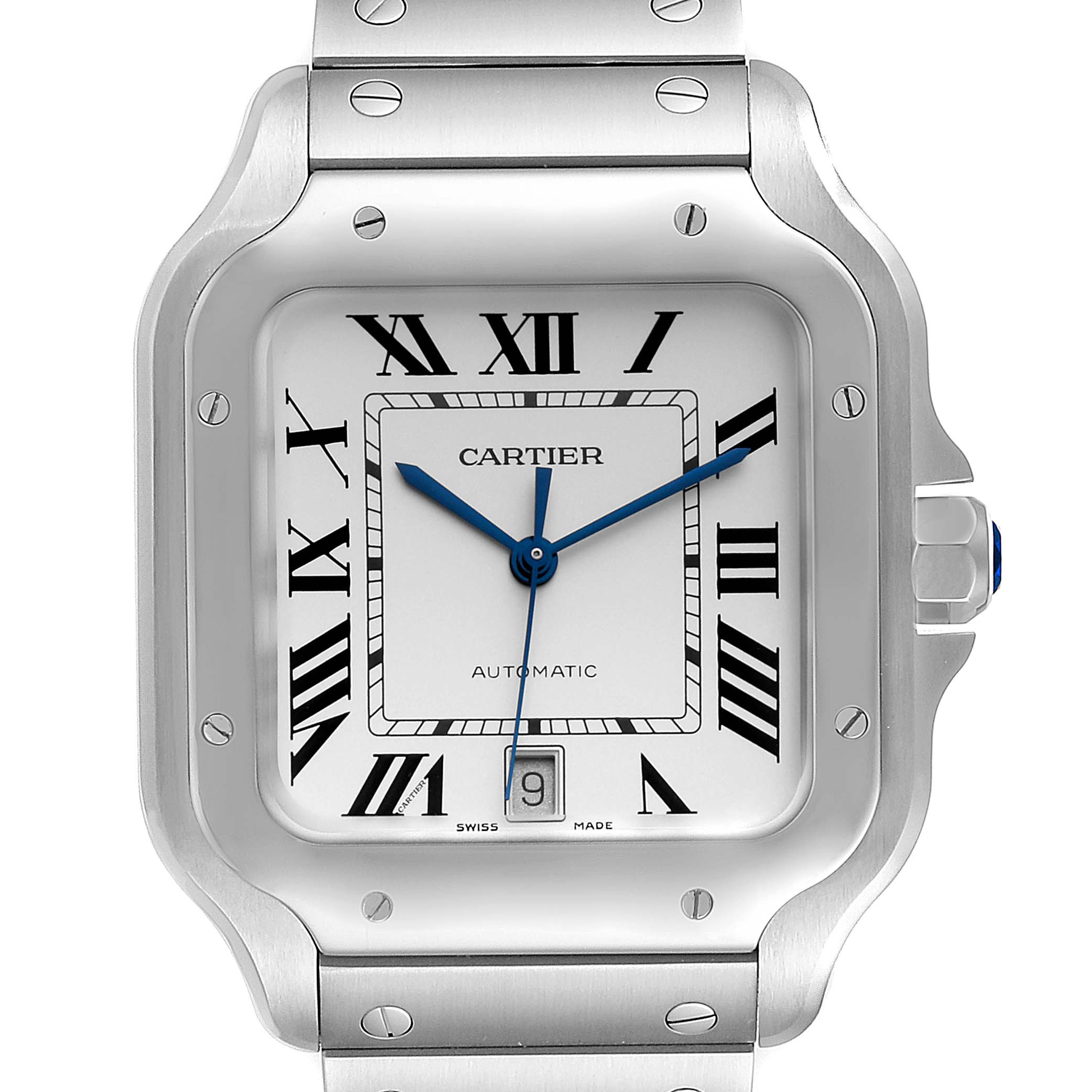 The image shows the front view of the Cartier Santos WSSA0018 Men's Stainless Steel Silver Dial WSSA0018 Men's Stainless Steel Silver Dial watch, featuring Roman numerals, a square face, and a metal bracelet.