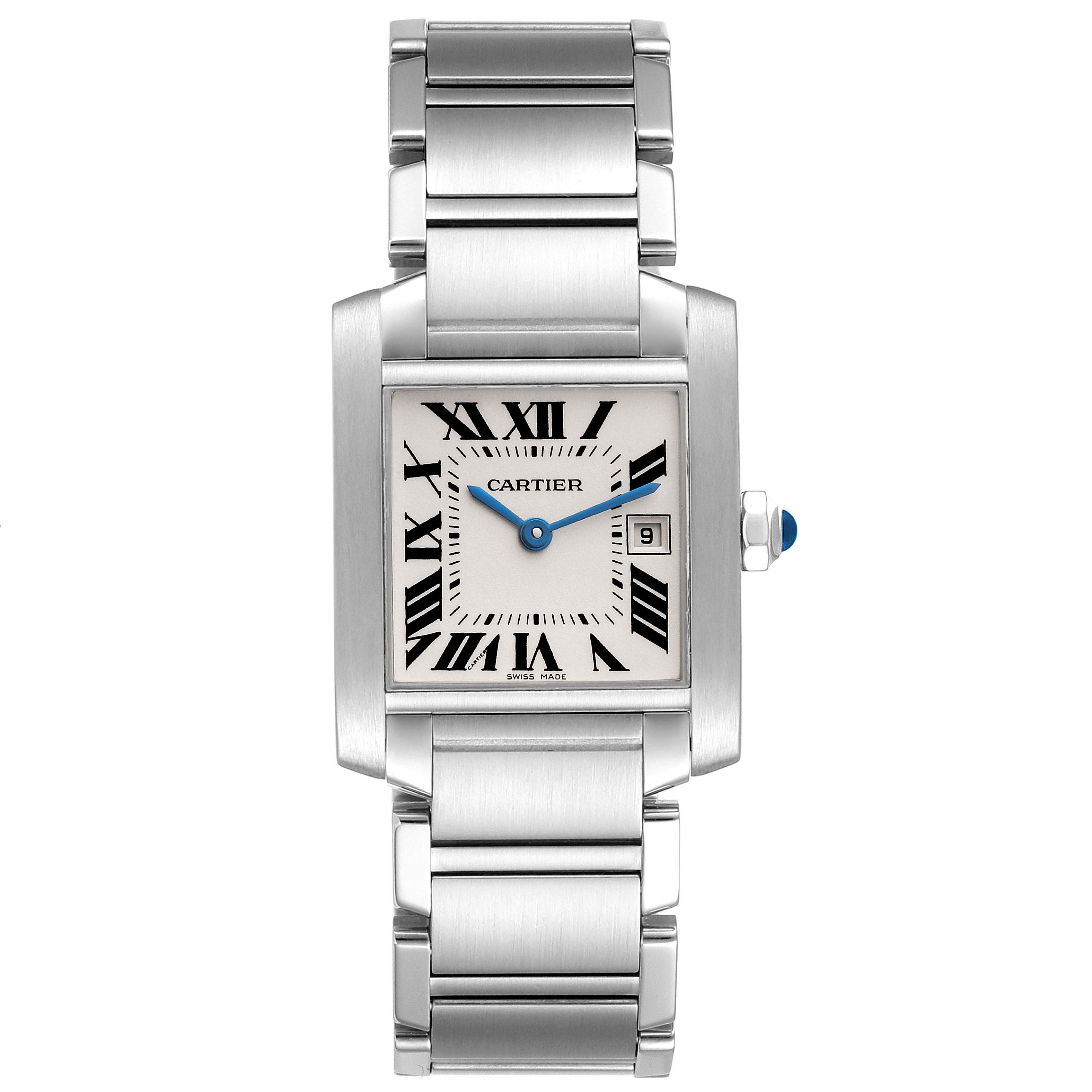 The Cartier Tank Francaise W51011Q3 Men's Stainless Steel Silver Dial W51011Q3 Men's Stainless Steel Silver Dial watch is shown from a top-down angle, displaying the face, bracelet, and crown.