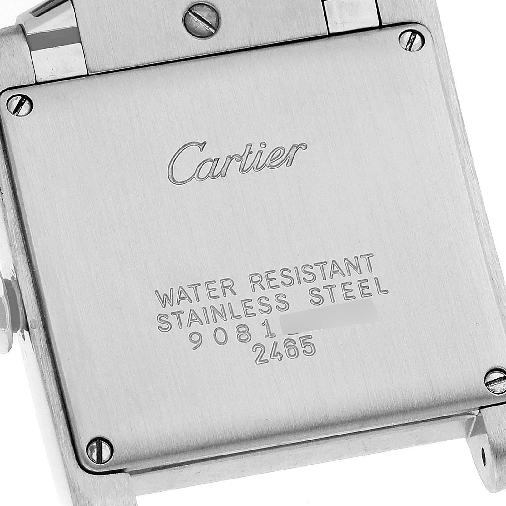This image shows the back case of a Cartier Tank Française watch, highlighting its water resistance and stainless steel material.