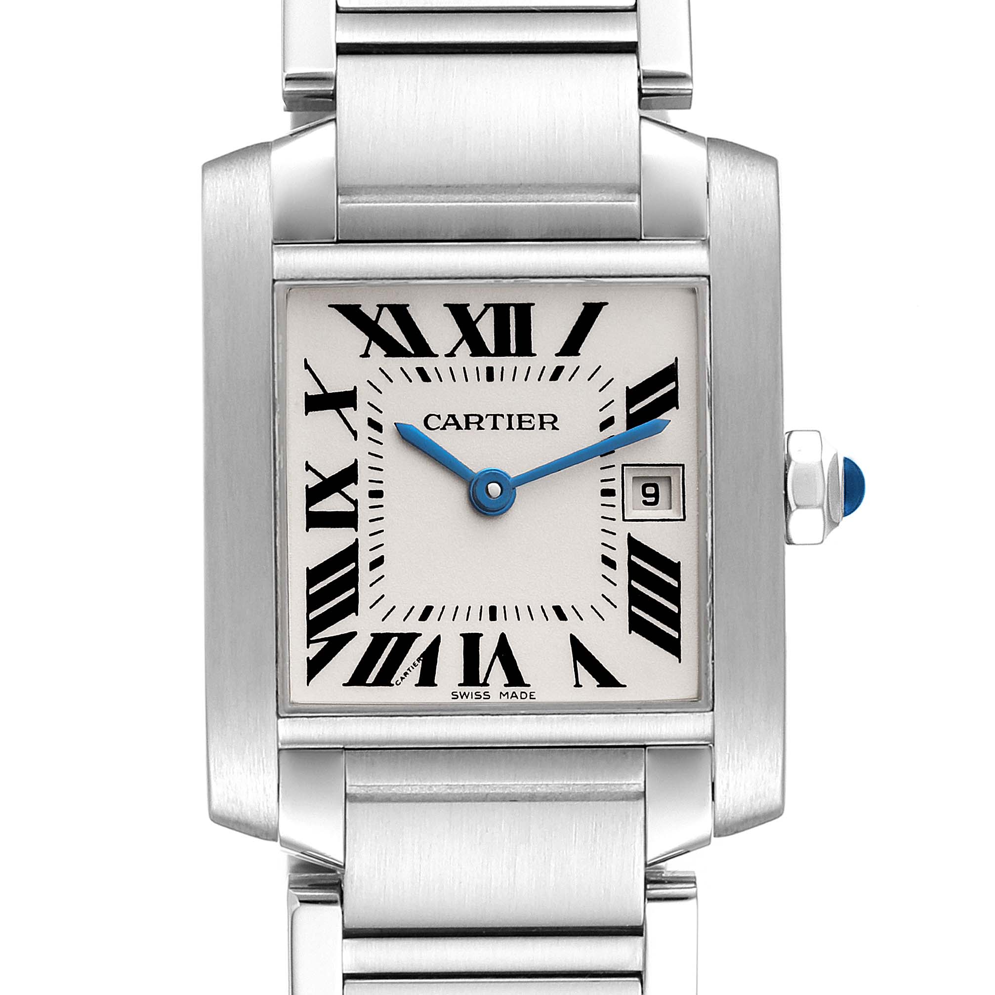 This image shows a front view of the Cartier Tank Francaise W51011Q3 Men's Stainless Steel Silver Dial W51011Q3 Men's Stainless Steel Silver Dial watch, highlighting its Roman numeral dial, blue hands, and bracelet.