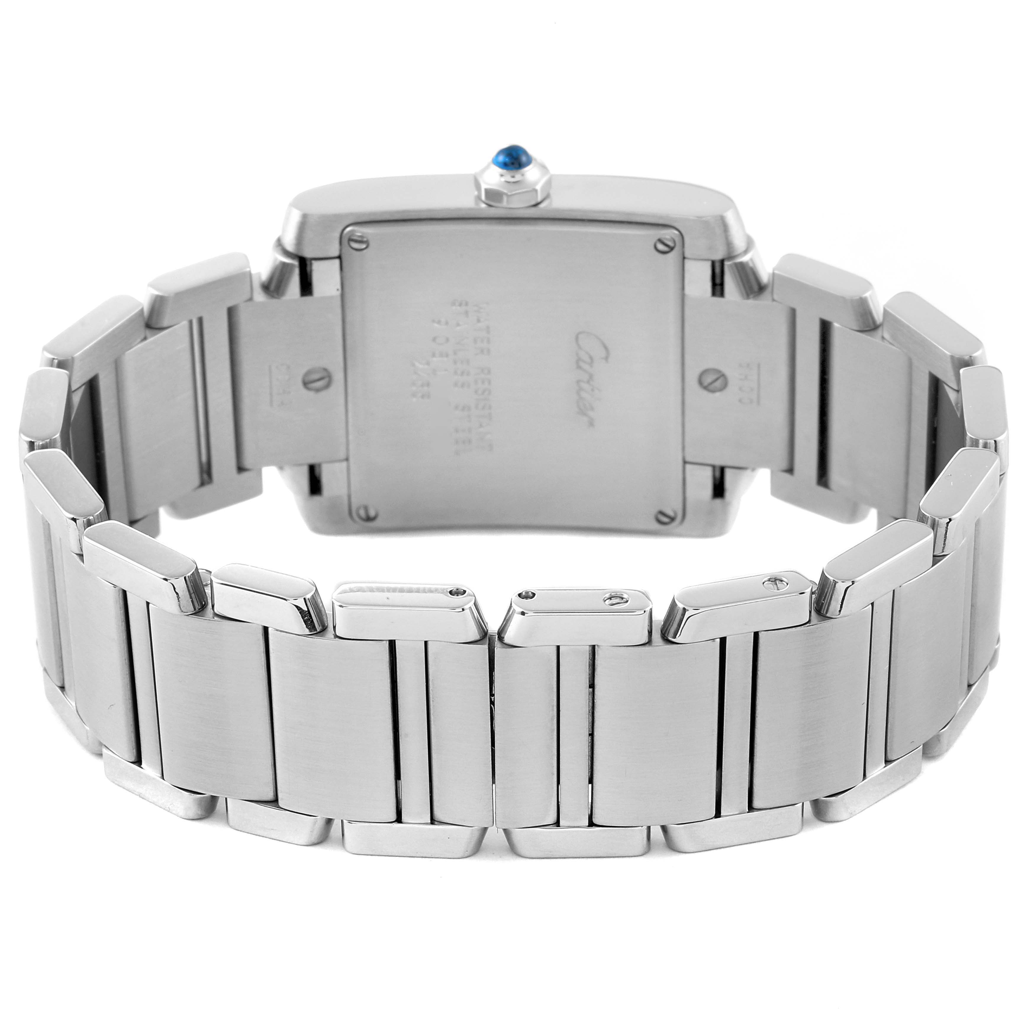 The image shows the back view of the Cartier Tank Française watch, highlighting the clasp and bracelet.