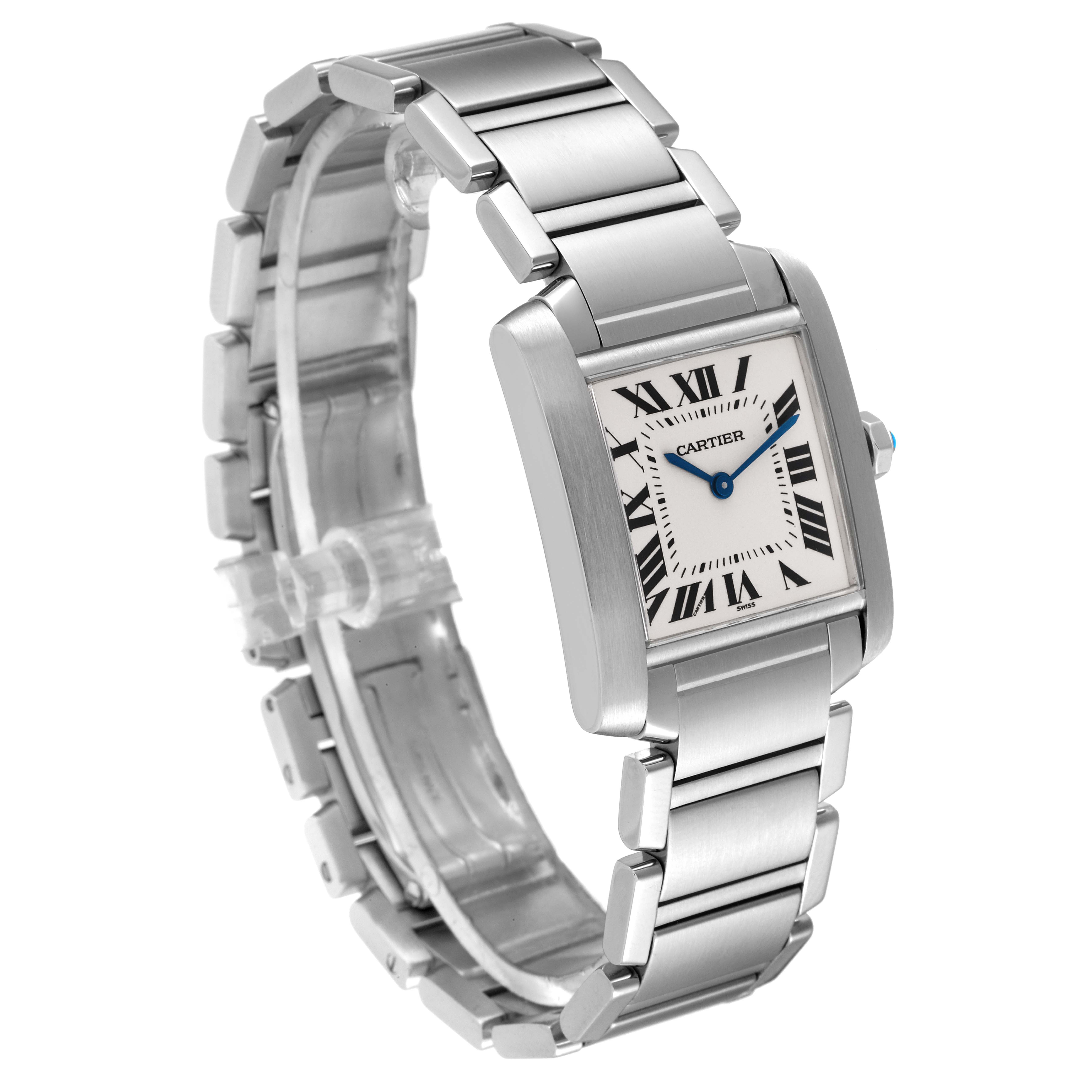 The image shows a Tank Française by Cartier at a slight side angle, highlighting the stainless steel bracelet and rectangular face.