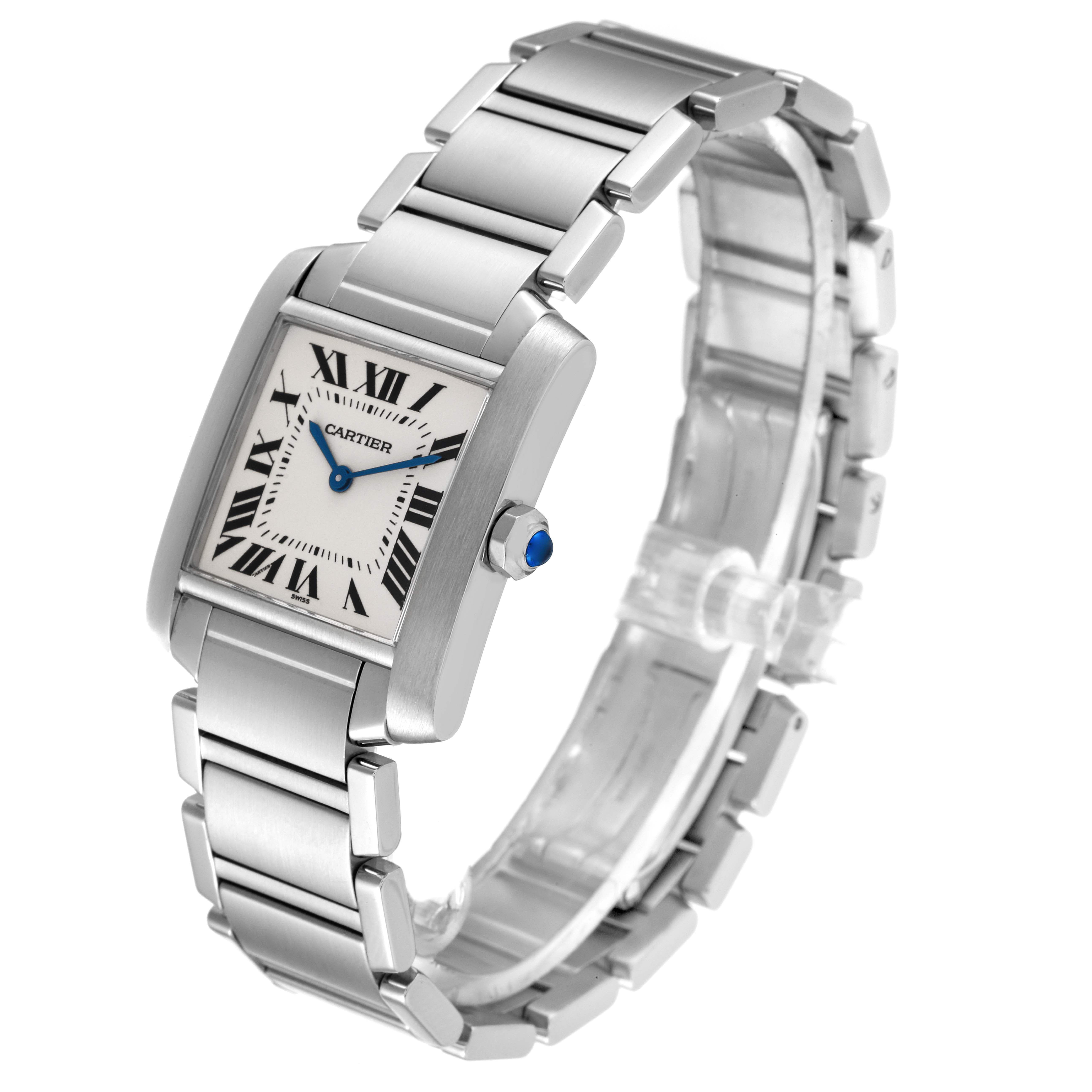 The photo shows a Cartier Tank Francaise WSTA0005 Women's Stainless Steel Silver Dial WSTA0005 Women's Stainless Steel Silver Dial watch from a side angle, highlighting its case, dial, bracelet, and crown with a blue gemstone.