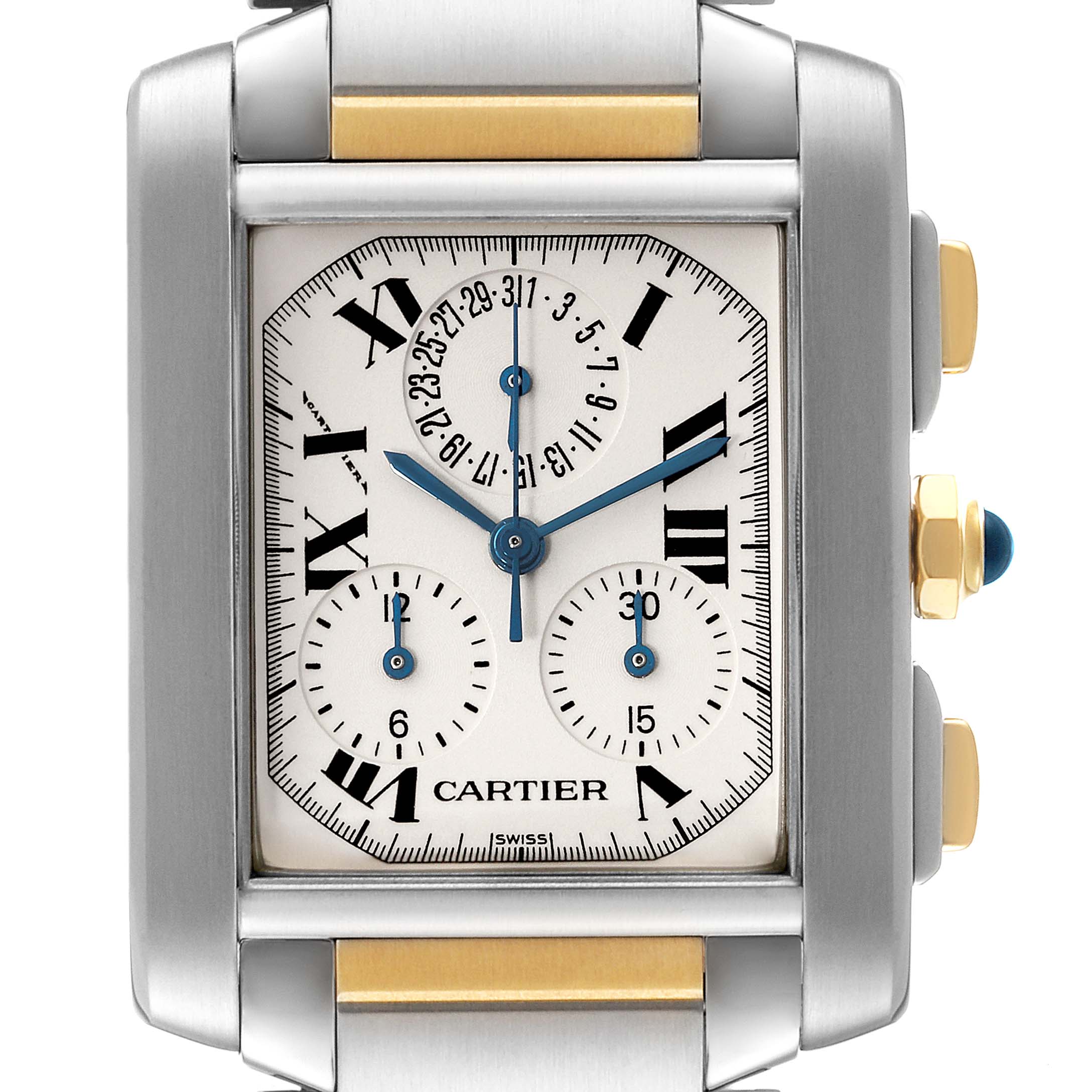 This is a front view of the Cartier Tank Francaise W51004Q4 Men's Steel and Gold (two tone) Silver Dial W51004Q4 Men's Steel and Gold (two tone) Silver Dial watch, showcasing its rectangular face and dials.