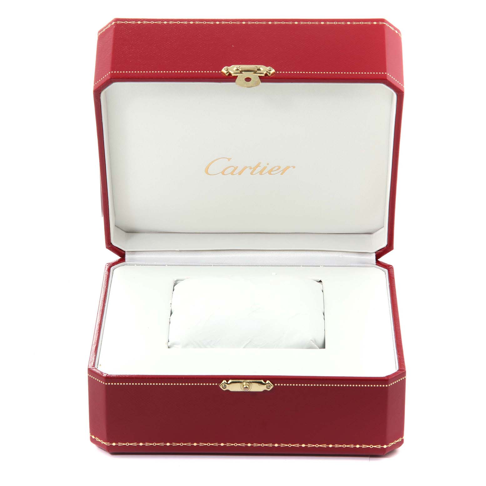 The image shows an open red Cartier watch box for the Tank Francaise model, displaying its interior.
