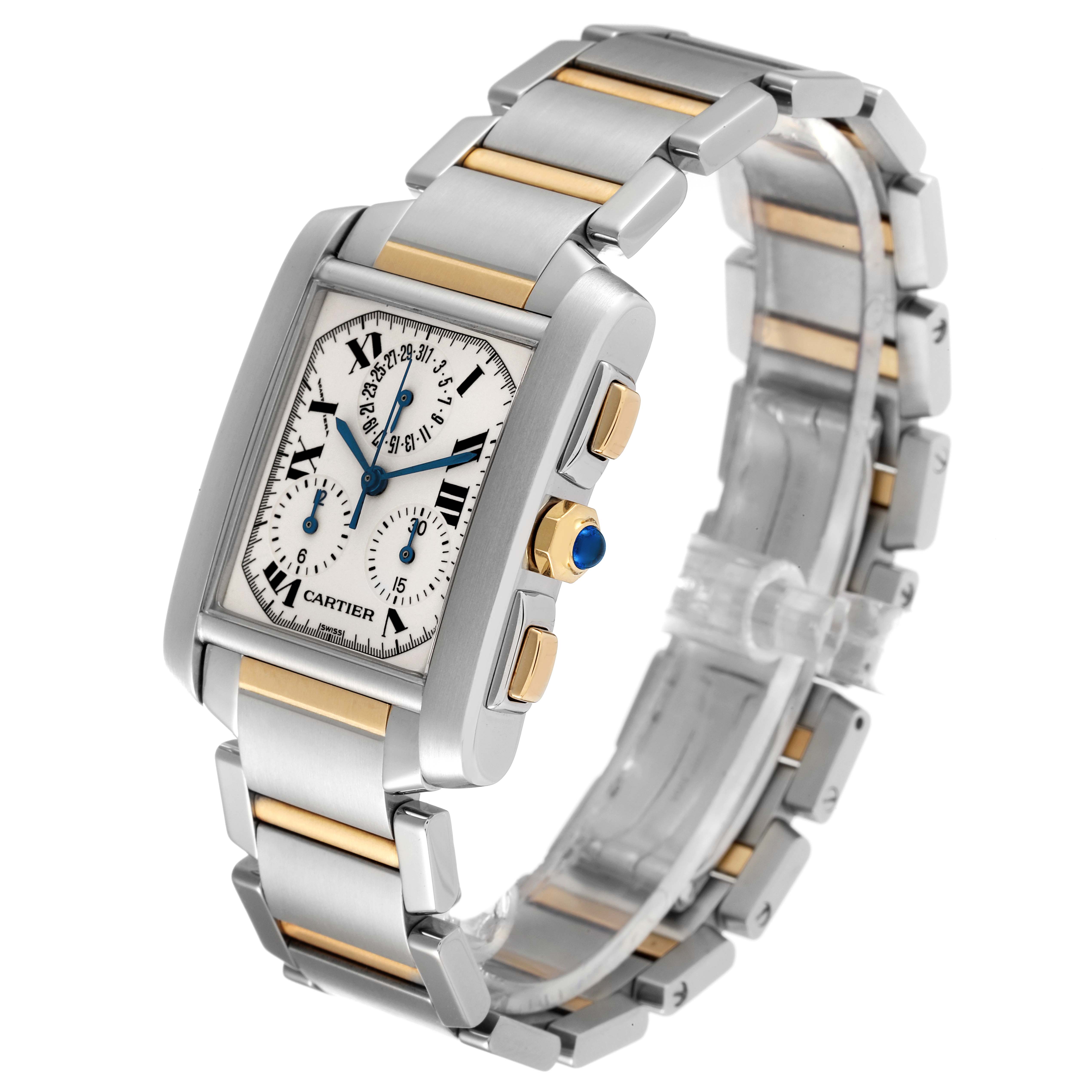 The image shows a Cartier Tank Francaise W51004Q4 Men's Steel and Gold (two tone) Silver Dial W51004Q4 Men's Steel and Gold (two tone) Silver Dial watch at a slight angle, highlighting its face, side buttons, and metal band.
