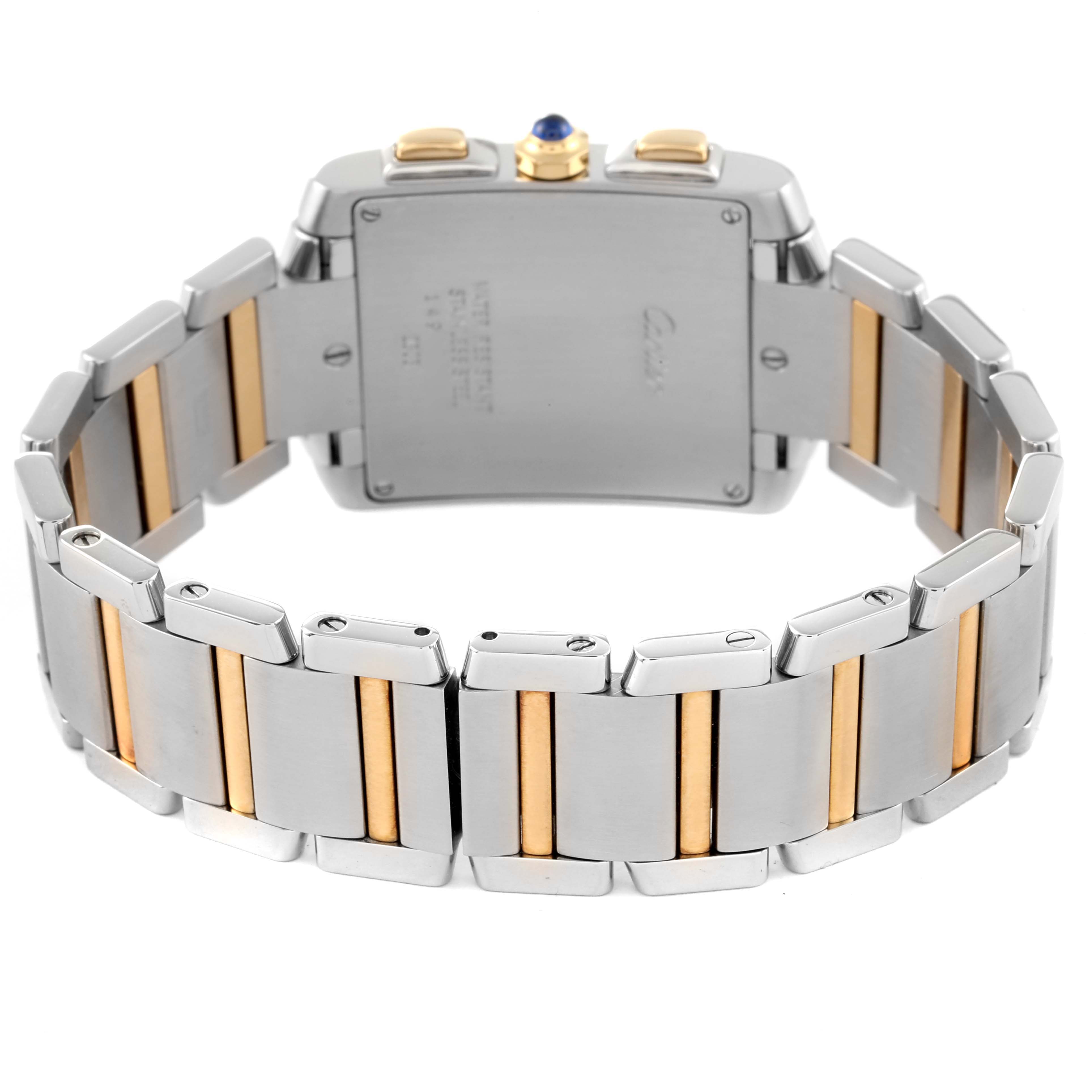 This image shows the back view of a Cartier Tank Française watch, highlighting its bicolored metal bracelet and back case.