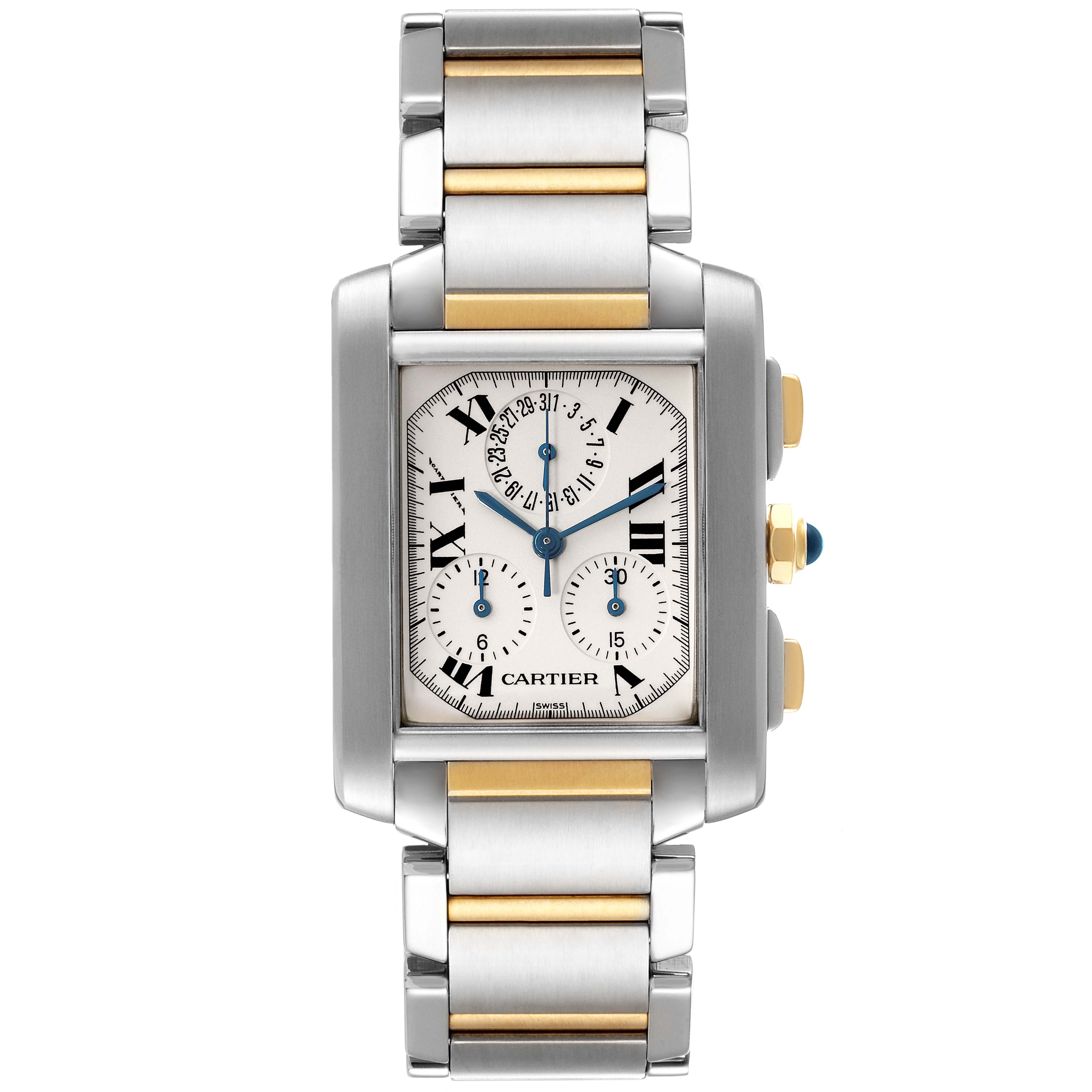 This image shows a front view of the Cartier Tank Francaise W51004Q4 Men's Steel and Gold (two tone) Silver Dial W51004Q4 Men's Steel and Gold (two tone) Silver Dial watch, featuring a stainless steel and gold bracelet.