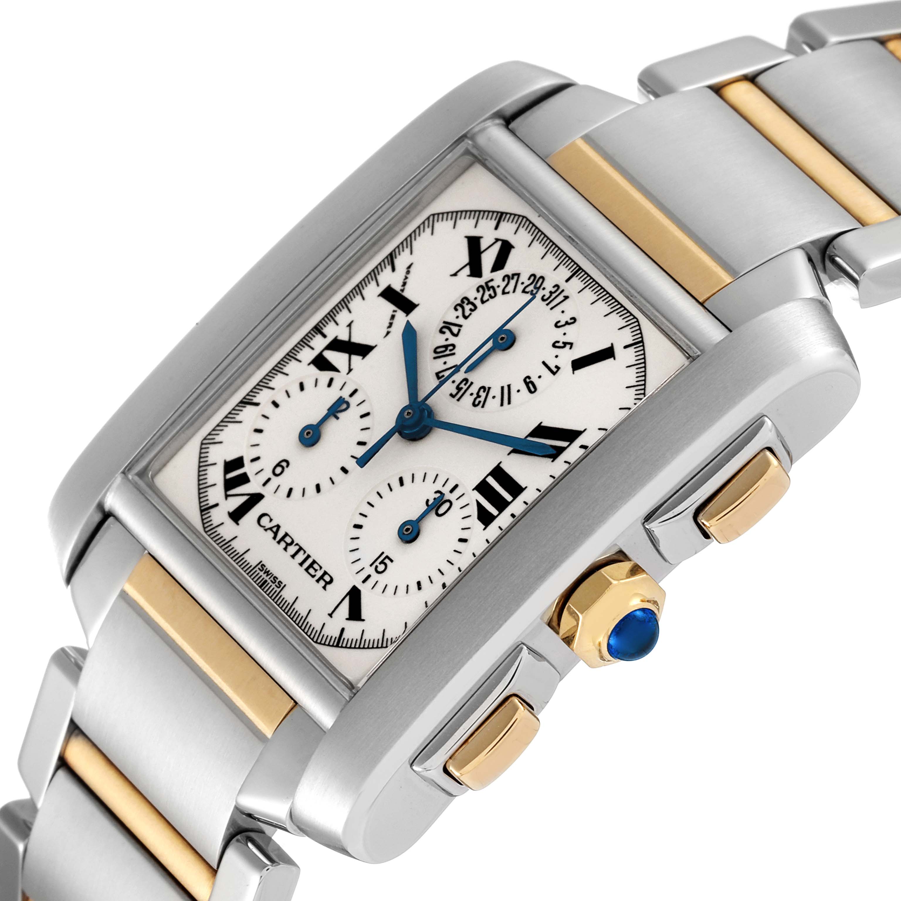 The Cartier Tank Francaise W51004Q4 Men's Steel and Gold (two tone) Silver Dial W51004Q4 Men's Steel and Gold (two tone) Silver Dial watch is shown at an angled view, highlighting the face, crown, and parts of the bracelet.
