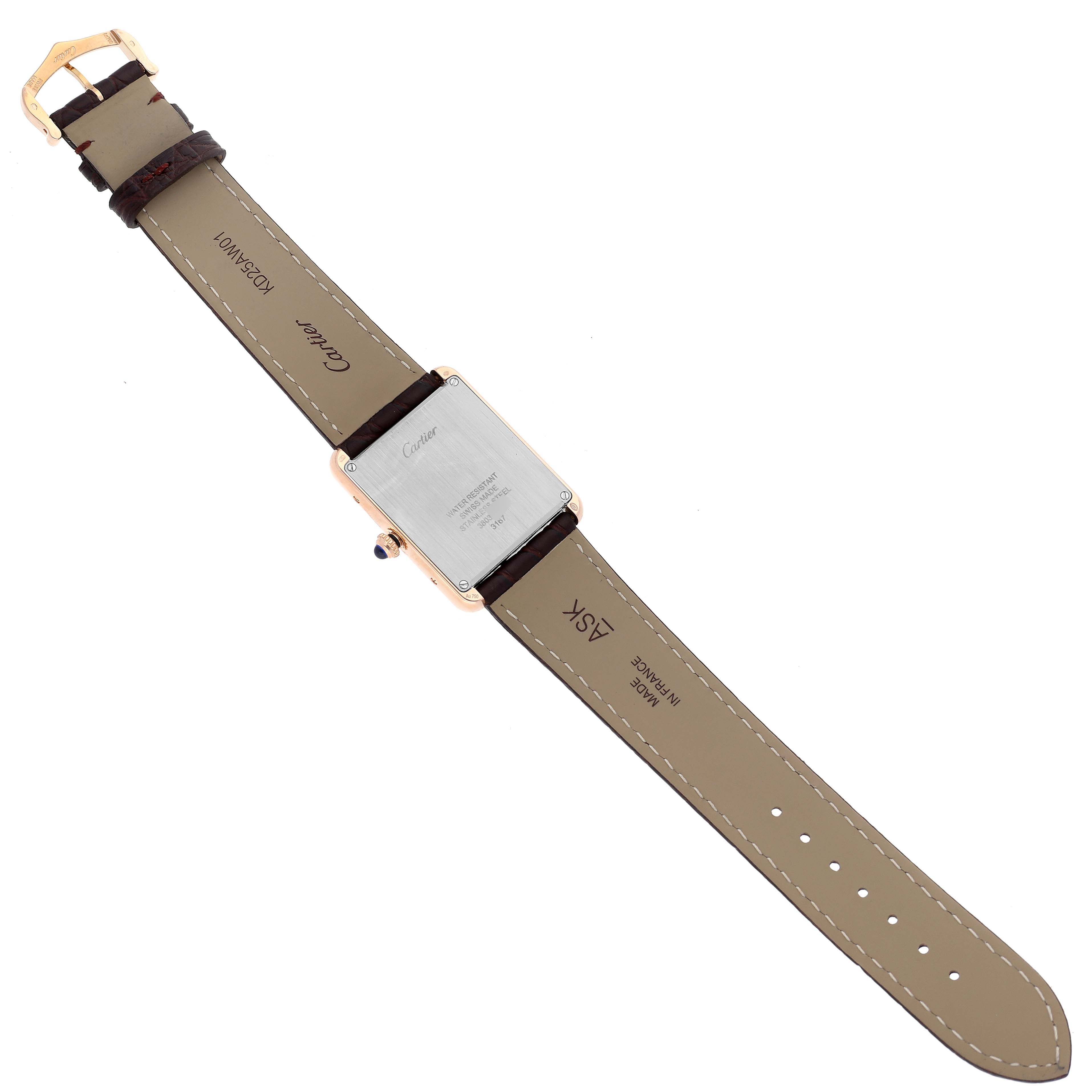 The image shows the back view of a Cartier Tank Solo W5200025 Men
s Steel and Gold (two tone) Silver Dial W5200025 Men
s Steel and Gold (two tone) Silver Dial watch including the strap and case back.