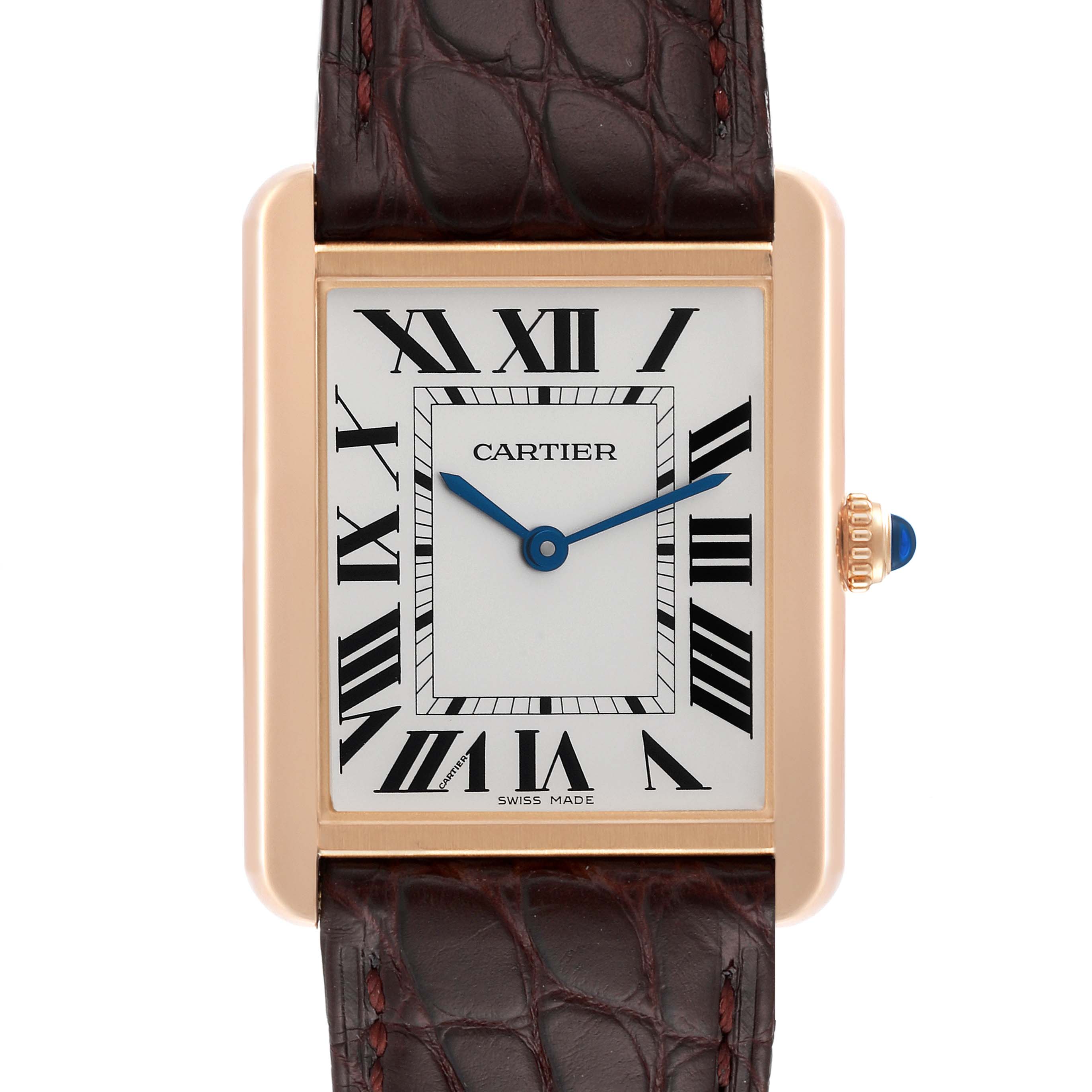 The Tank Solo by Cartier is shown from the front, featuring its watch face, roman numerals, and part of the leather strap.