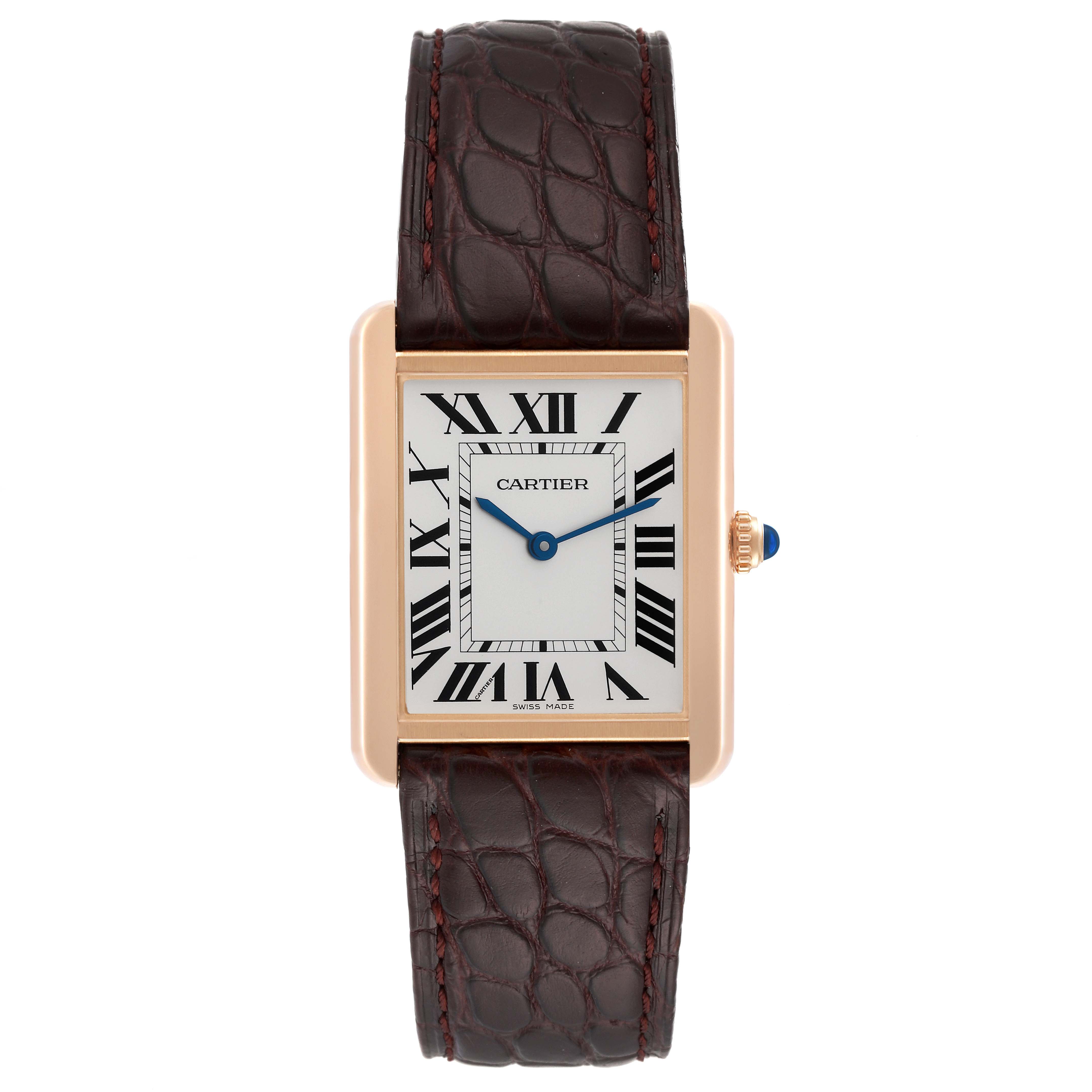 This image shows a front-facing view of the Cartier Tank Solo W5200025 Men
s Steel and Gold (two tone) Silver Dial W5200025 Men
s Steel and Gold (two tone) Silver Dial watch, highlighting its rectangular face, Roman numerals, and leather strap.