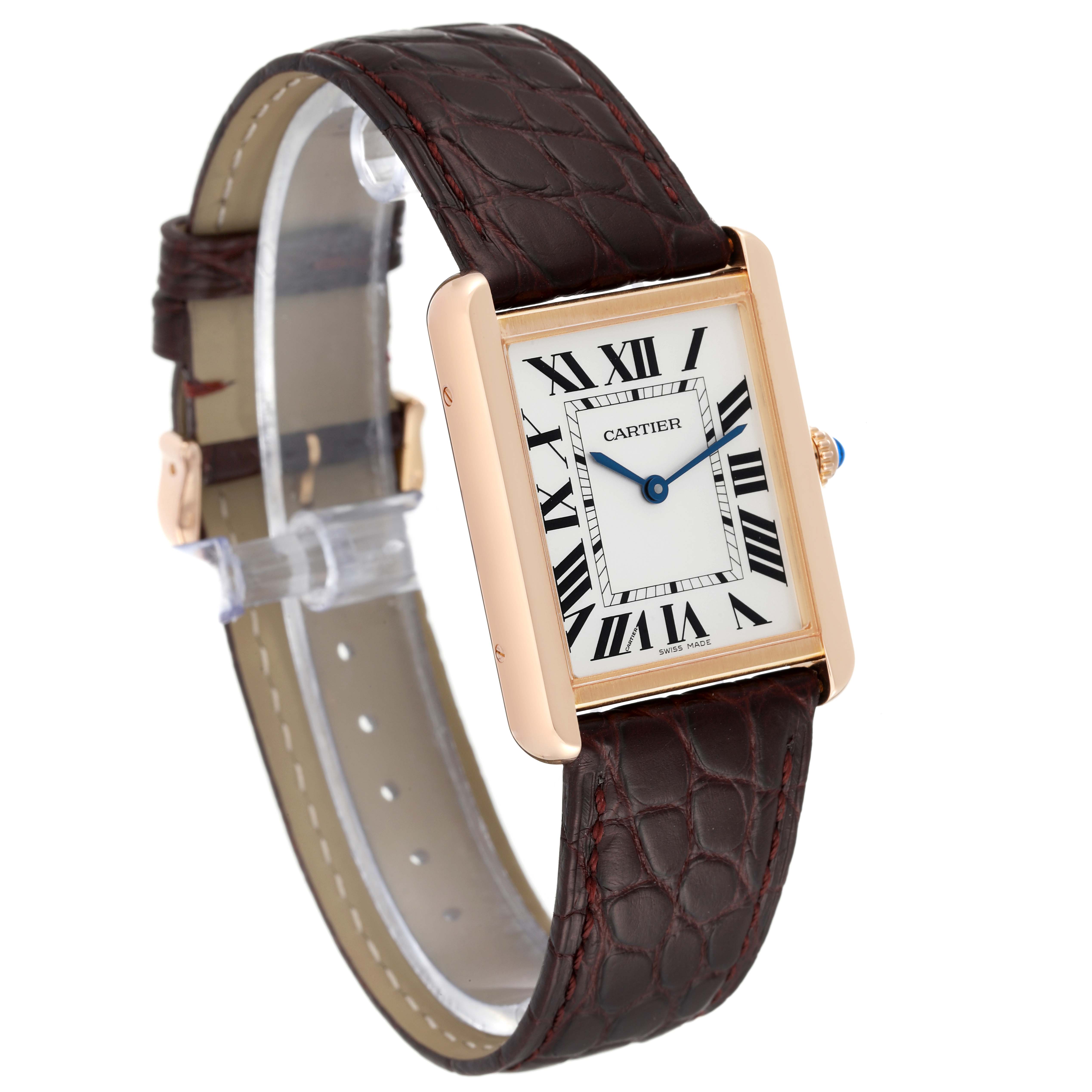 The image shows a Cartier Tank Solo W5200025 Men
s Steel and Gold (two tone) Silver Dial W5200025 Men
s Steel and Gold (two tone) Silver Dial watch at a 3/4 angle, displaying its face, brown leather strap, and gold case.
