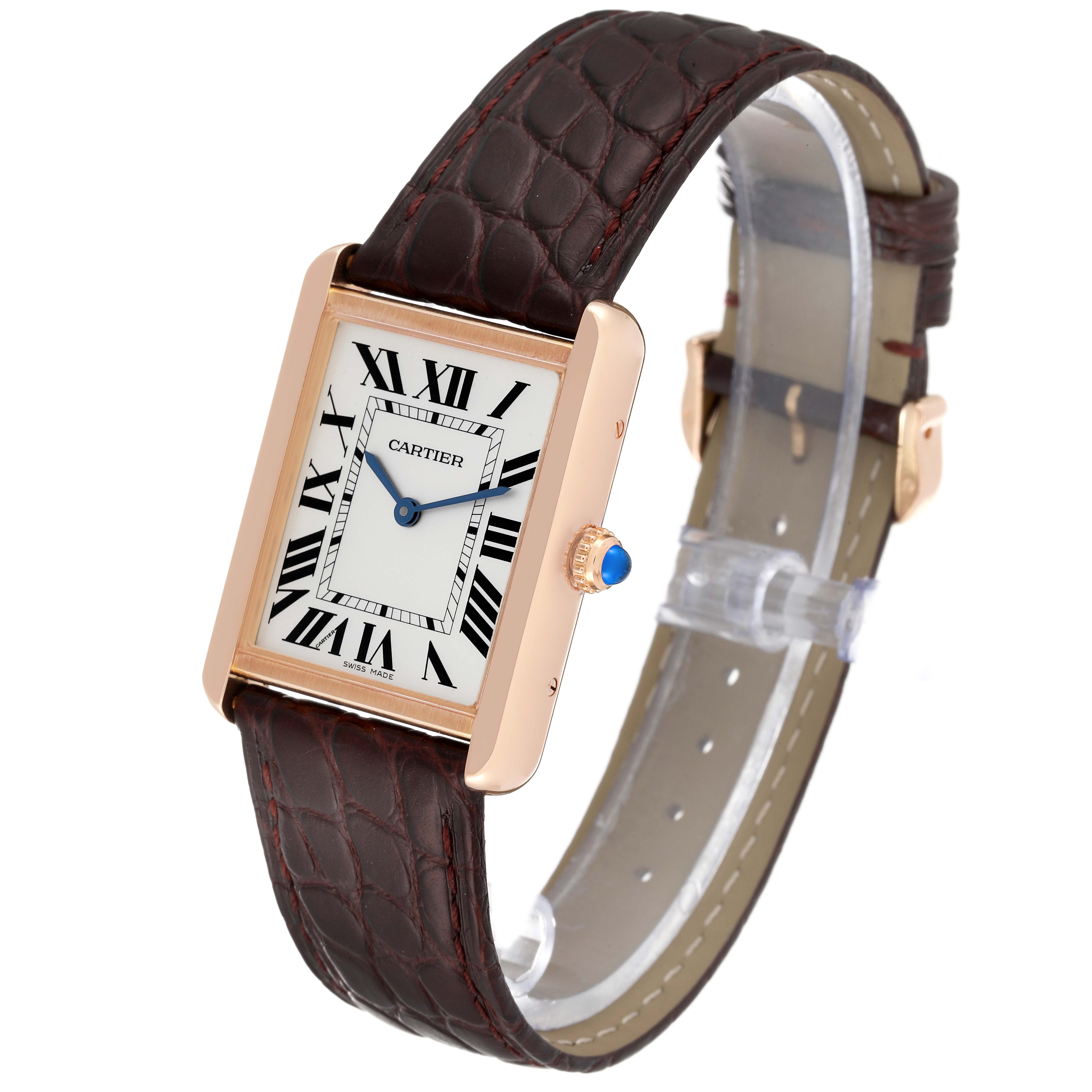 This image shows a Cartier Tank Solo W5200025 Men
s Steel and Gold (two tone) Silver Dial W5200025 Men
s Steel and Gold (two tone) Silver Dial watch at a three-quarter angle, displaying its face, strap, and crown.