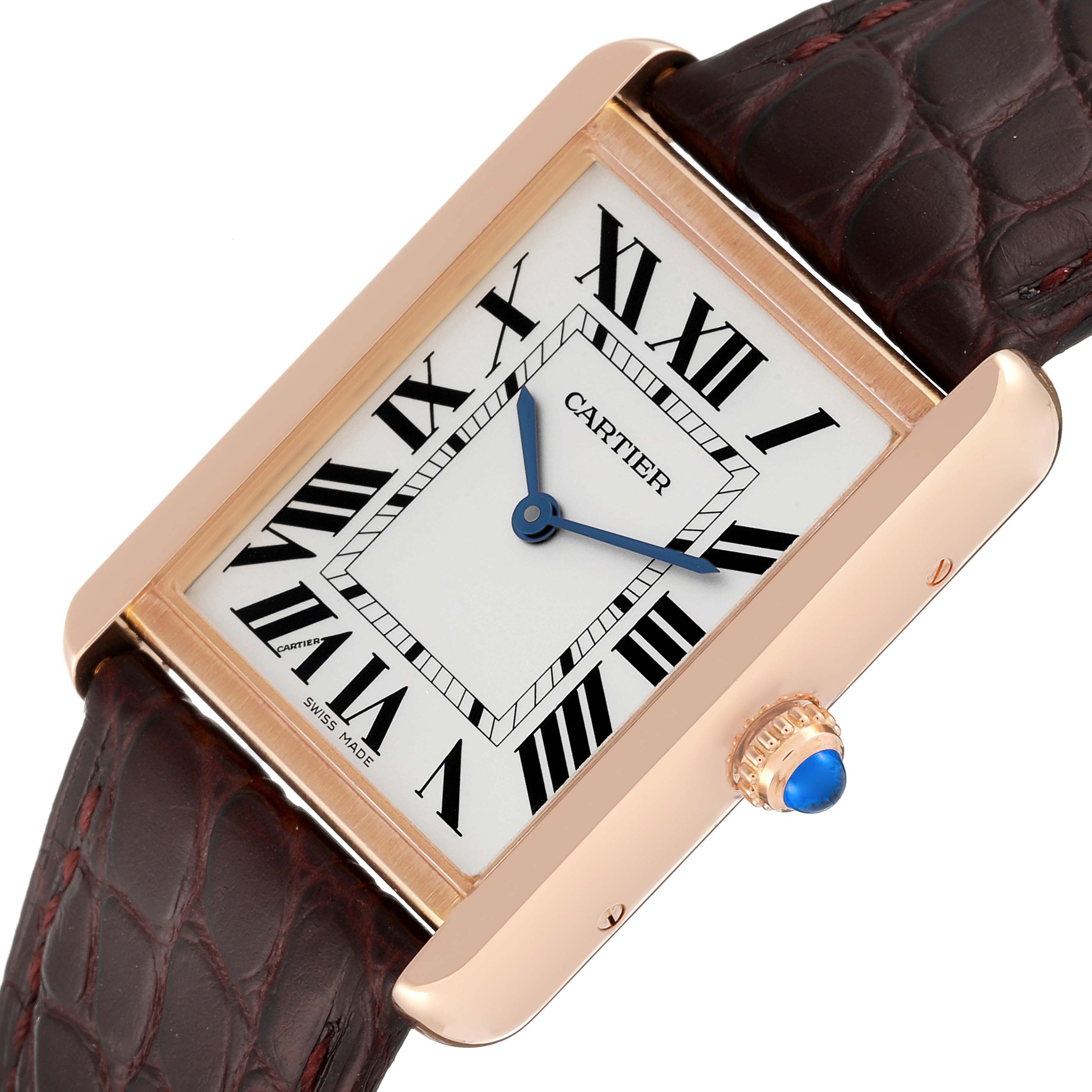 The image shows a close-up angled view of the Cartier Tank Solo W5200025 Men
s Steel and Gold (two tone) Silver Dial W5200025 Men
s Steel and Gold (two tone) Silver Dial watch, displaying the dial, bezel, crown, and brown leather strap.