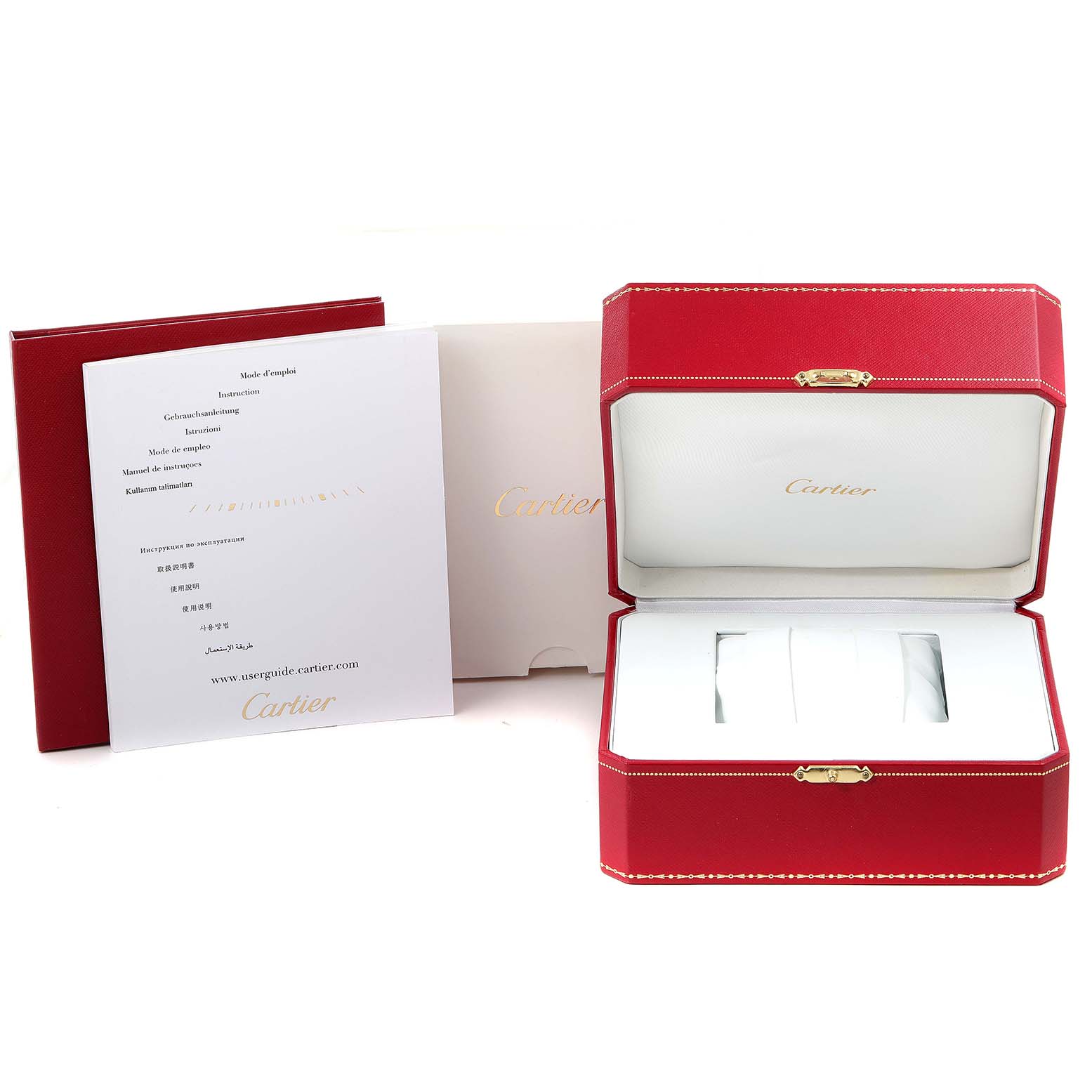 The image shows the packaging and included manual for the Cartier Tank Solo W1018255 Women
s Stainless Steel Silver Dial W1018255 Women
s Stainless Steel Silver Dial model, featuring an open red box and instructional booklet.