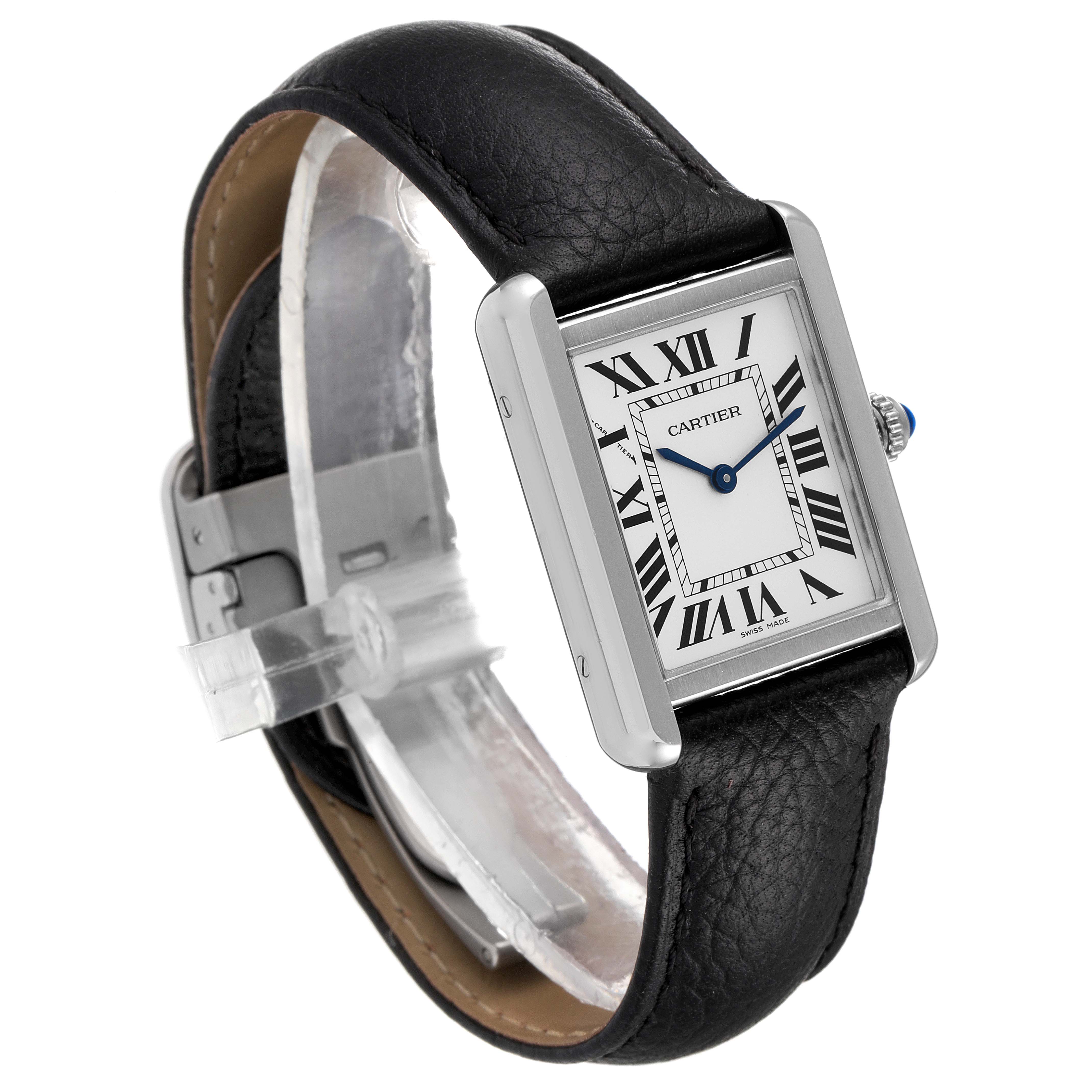 The image shows a Cartier Tank Solo W1018255 Women
s Stainless Steel Silver Dial W1018255 Women
s Stainless Steel Silver Dial watch at a three-quarter angle, highlighting its face, crown, and black leather strap.