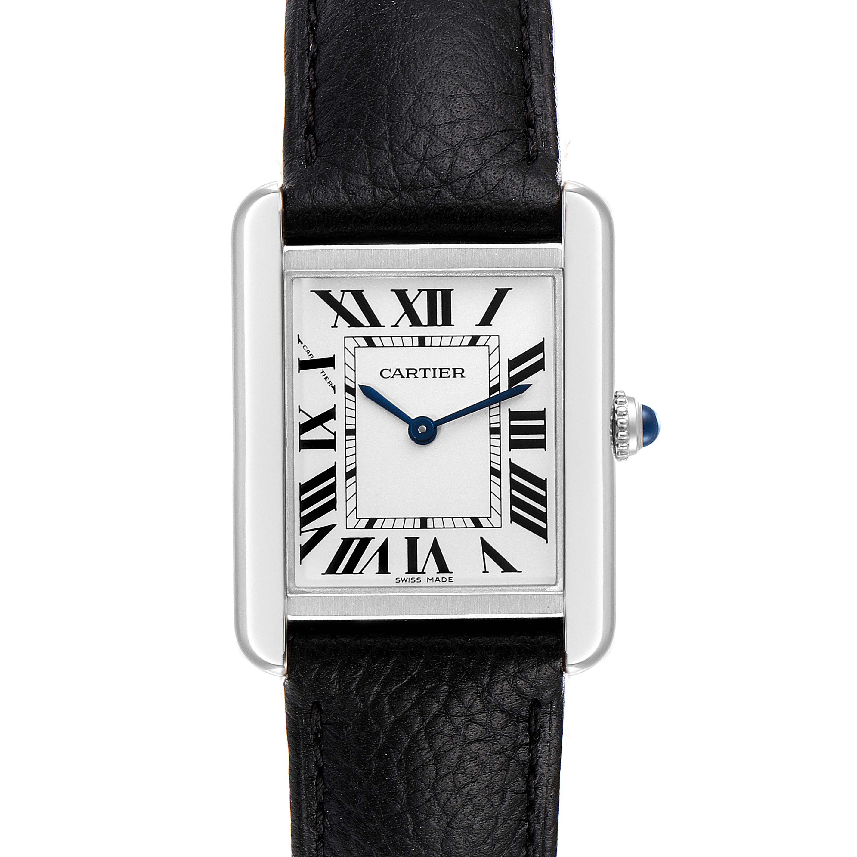 This image shows a frontal view of the Cartier Tank Solo W1018255 Women
s Stainless Steel Silver Dial W1018255 Women
s Stainless Steel Silver Dial watch, displaying the rectangular face, Roman numerals, and black leather strap.