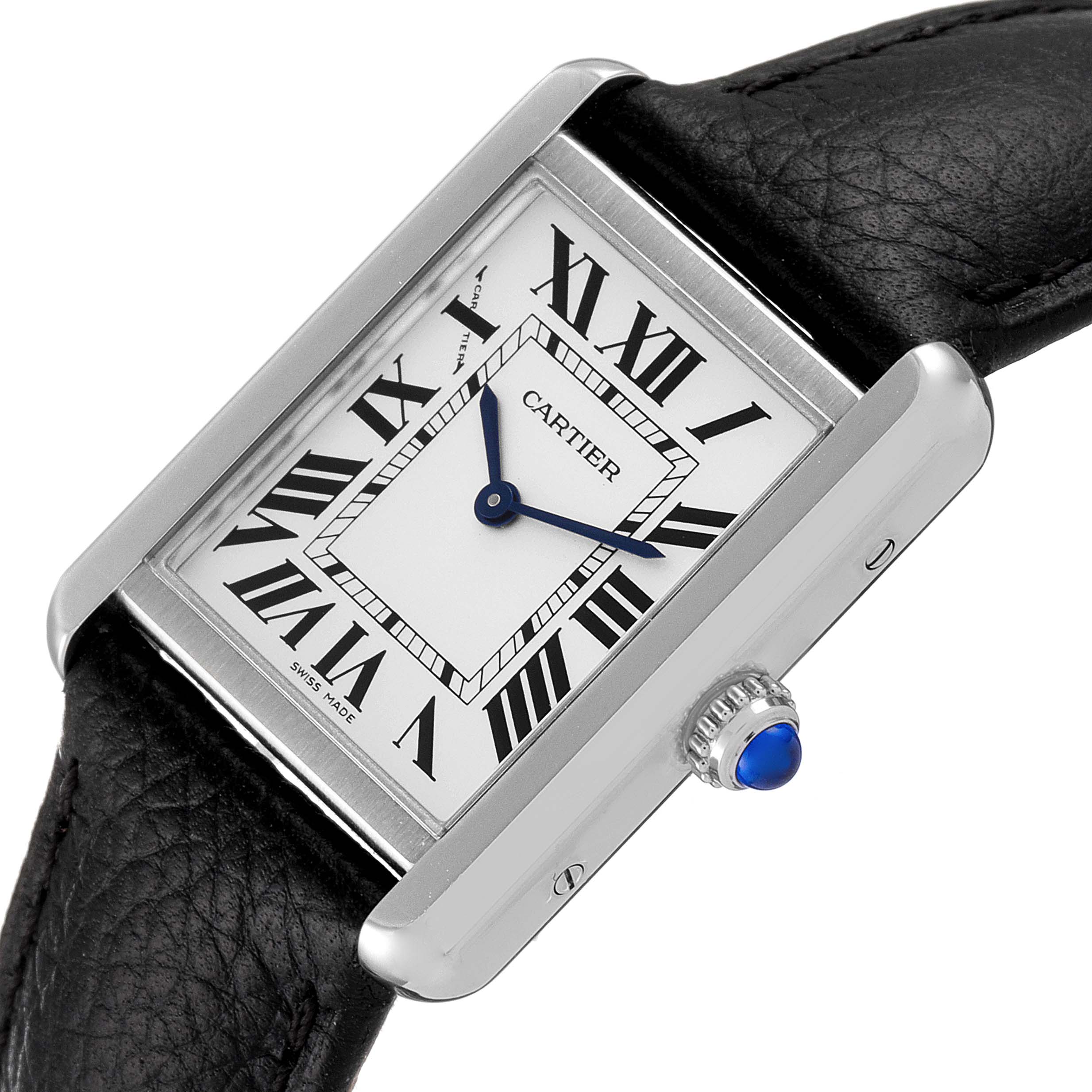 The image shows a close-up view of the Cartier Tank Solo W1018255 Women
s Stainless Steel Silver Dial W1018255 Women
s Stainless Steel Silver Dial watch, highlighting its rectangular face, Roman numerals, blue hands, and black leather strap.