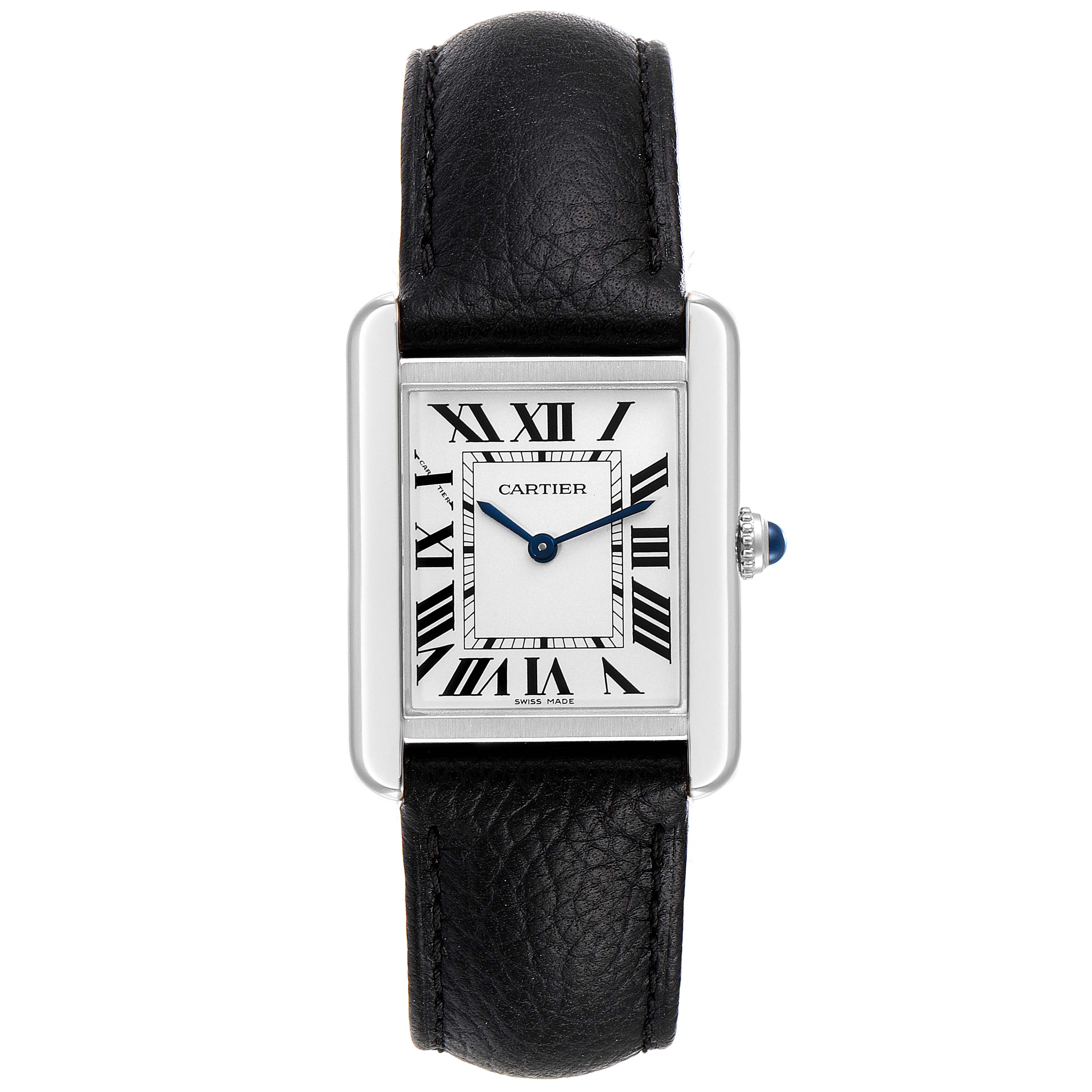 The image displays a front view of a Cartier Tank Solo W1018255 Women
s Stainless Steel Silver Dial W1018255 Women
s Stainless Steel Silver Dial watch featuring its black leather strap and rectangular face with Roman numerals.