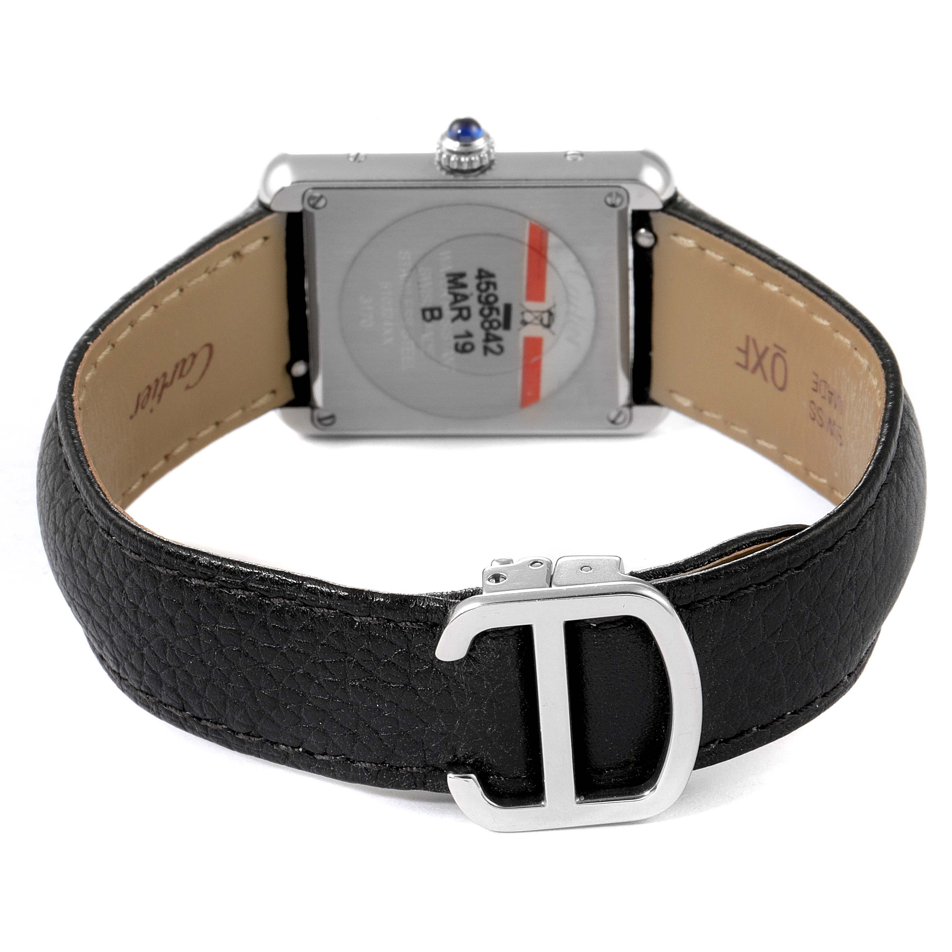 This image shows the back view of the Cartier Tank Solo W1018255 Women
s Stainless Steel Silver Dial W1018255 Women
s Stainless Steel Silver Dial watch, focusing on its case back, strap, and buckle.