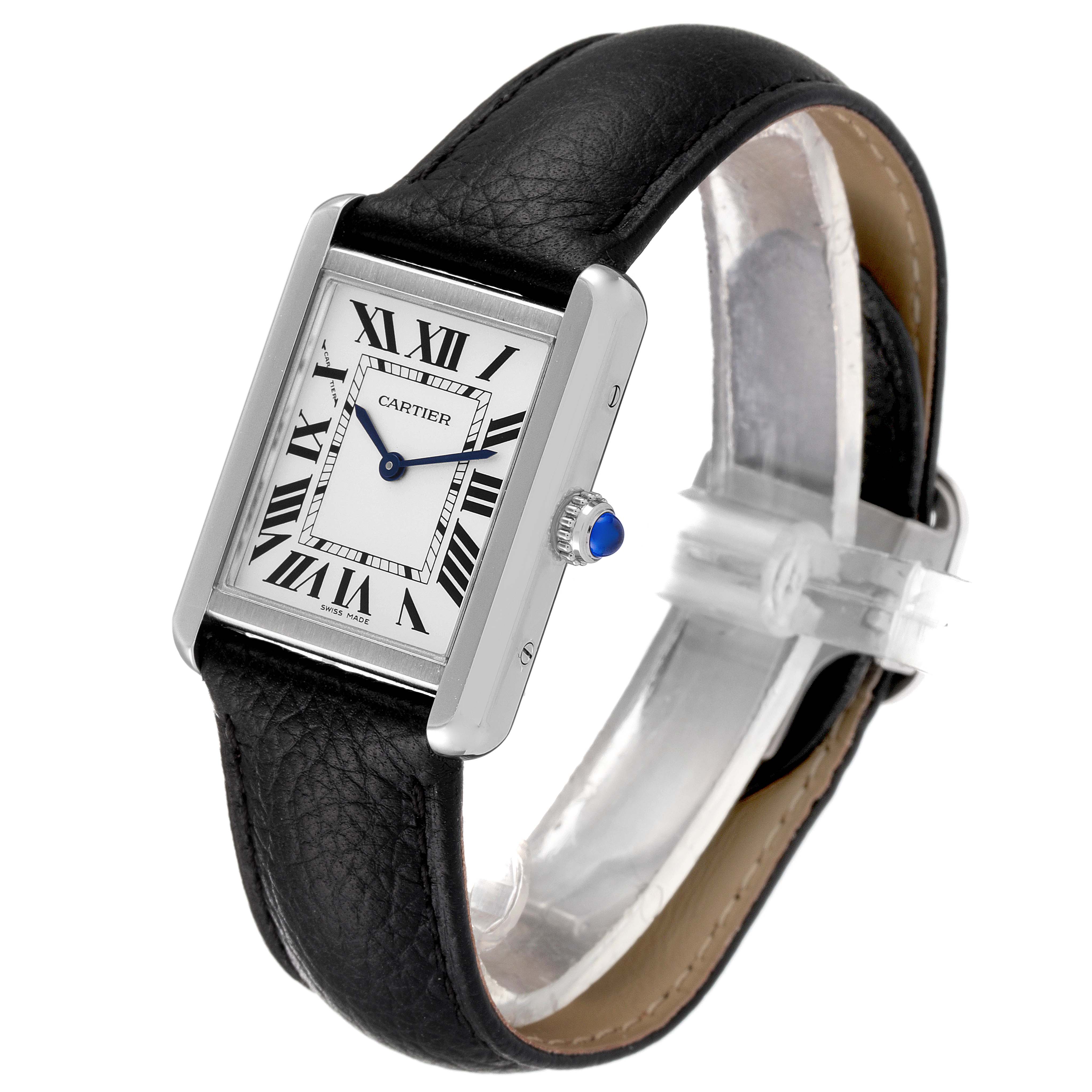 The Cartier Tank Solo W1018255 Women
s Stainless Steel Silver Dial W1018255 Women
s Stainless Steel Silver Dial watch is shown at a slight angle, displaying the face, crown, and black leather strap.