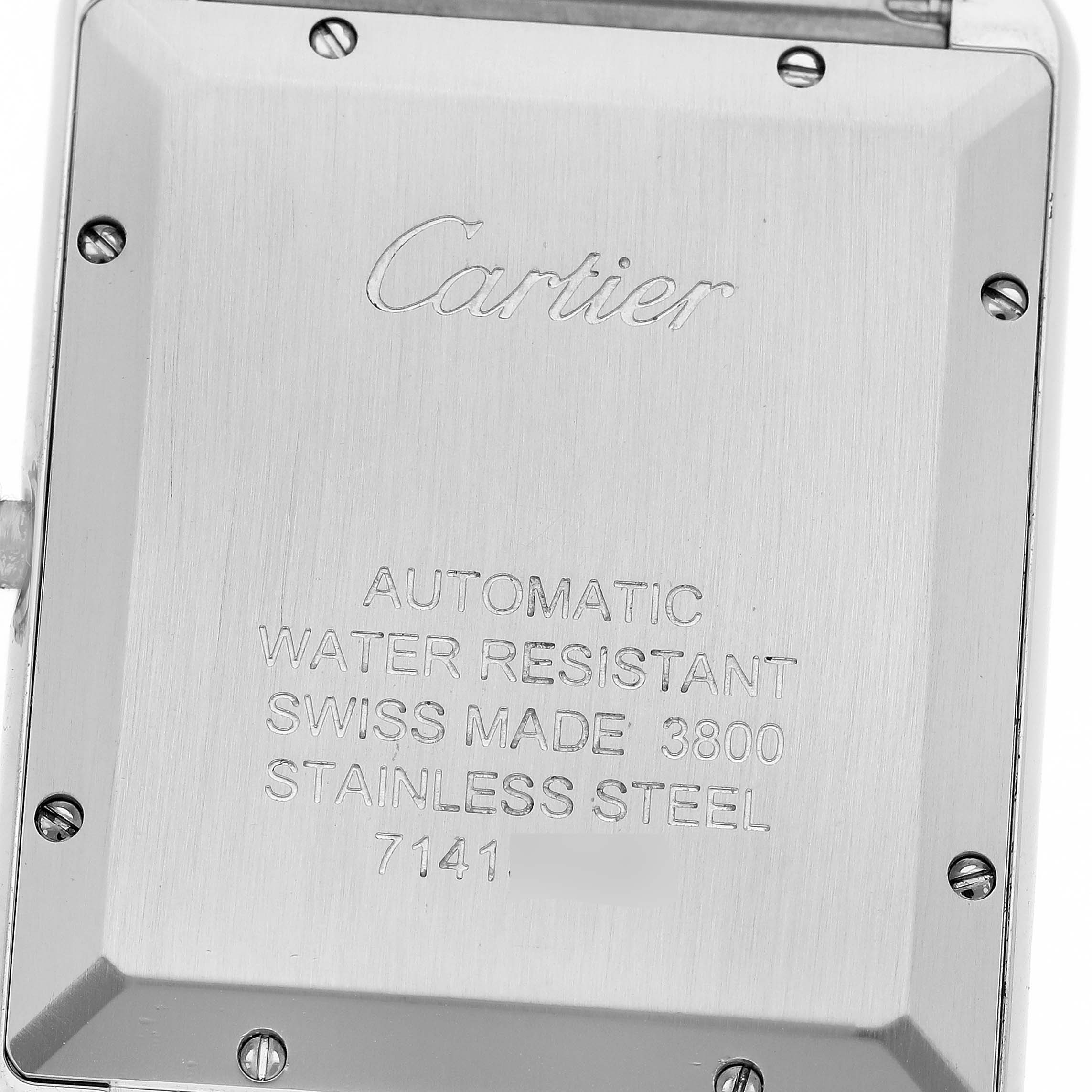 This image shows the back case of the Tank Solo model by Cartier, highlighting its inscriptions and screws.