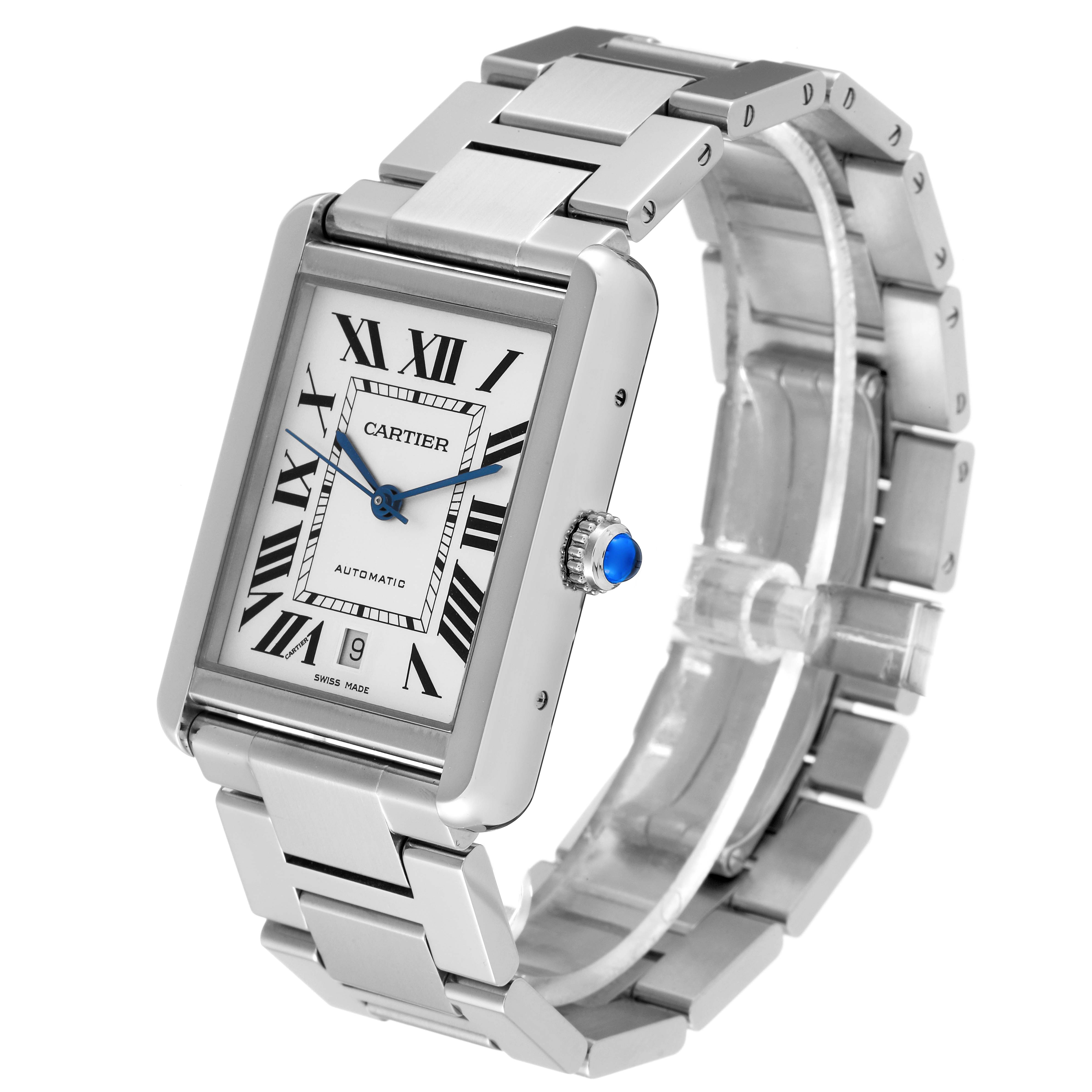 The image shows a Cartier Tank Solo W5200028 Men
s Stainless Steel Silver Dial W5200028 Men
s Stainless Steel Silver Dial watch, featuring a rectangular face, Roman numerals, and metal bracelet, viewed at an angle.
