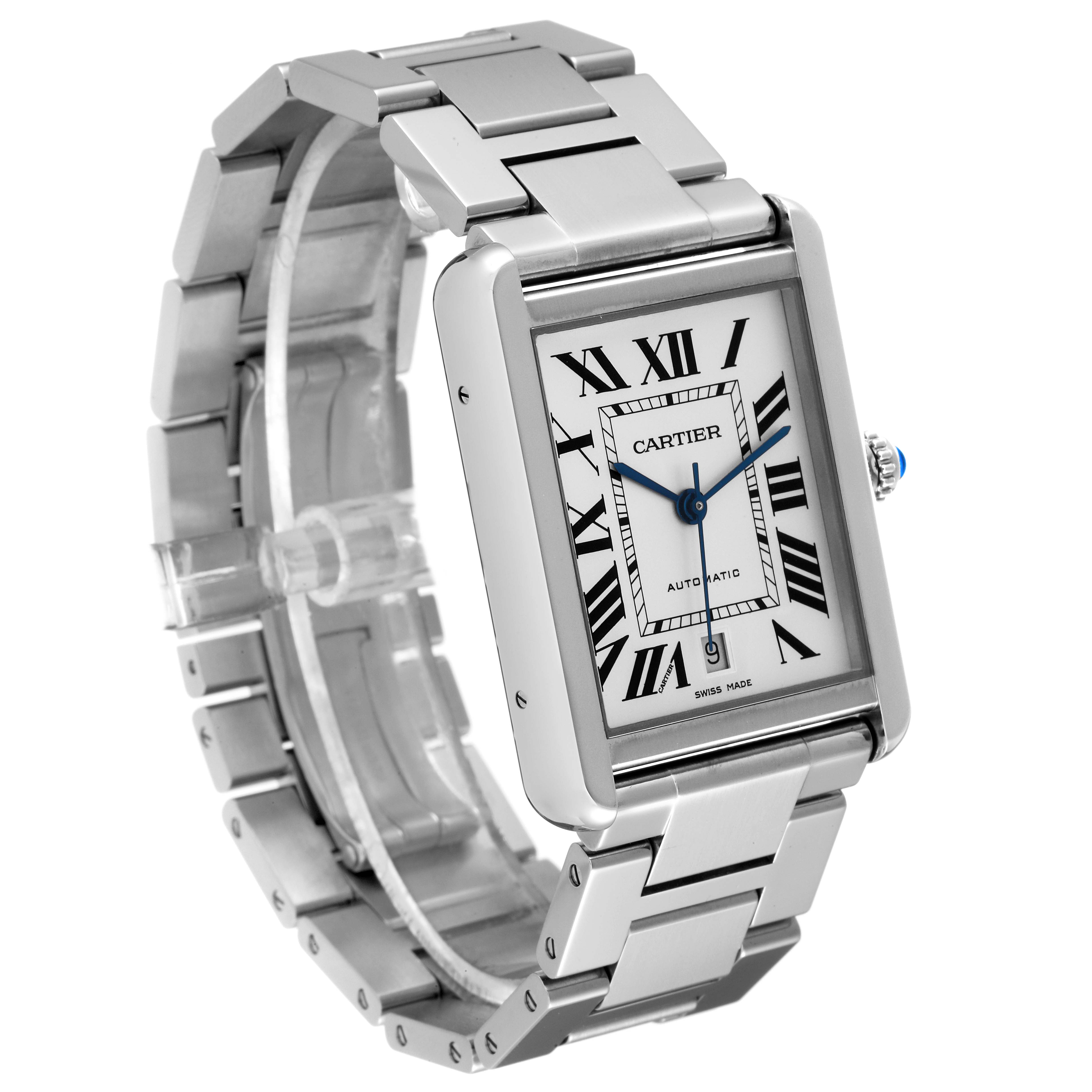 This image shows a Cartier Tank Solo W5200028 Men
s Stainless Steel Silver Dial W5200028 Men
s Stainless Steel Silver Dial watch at a three-quarter angle, highlighting the face, crown, and stainless steel bracelet.