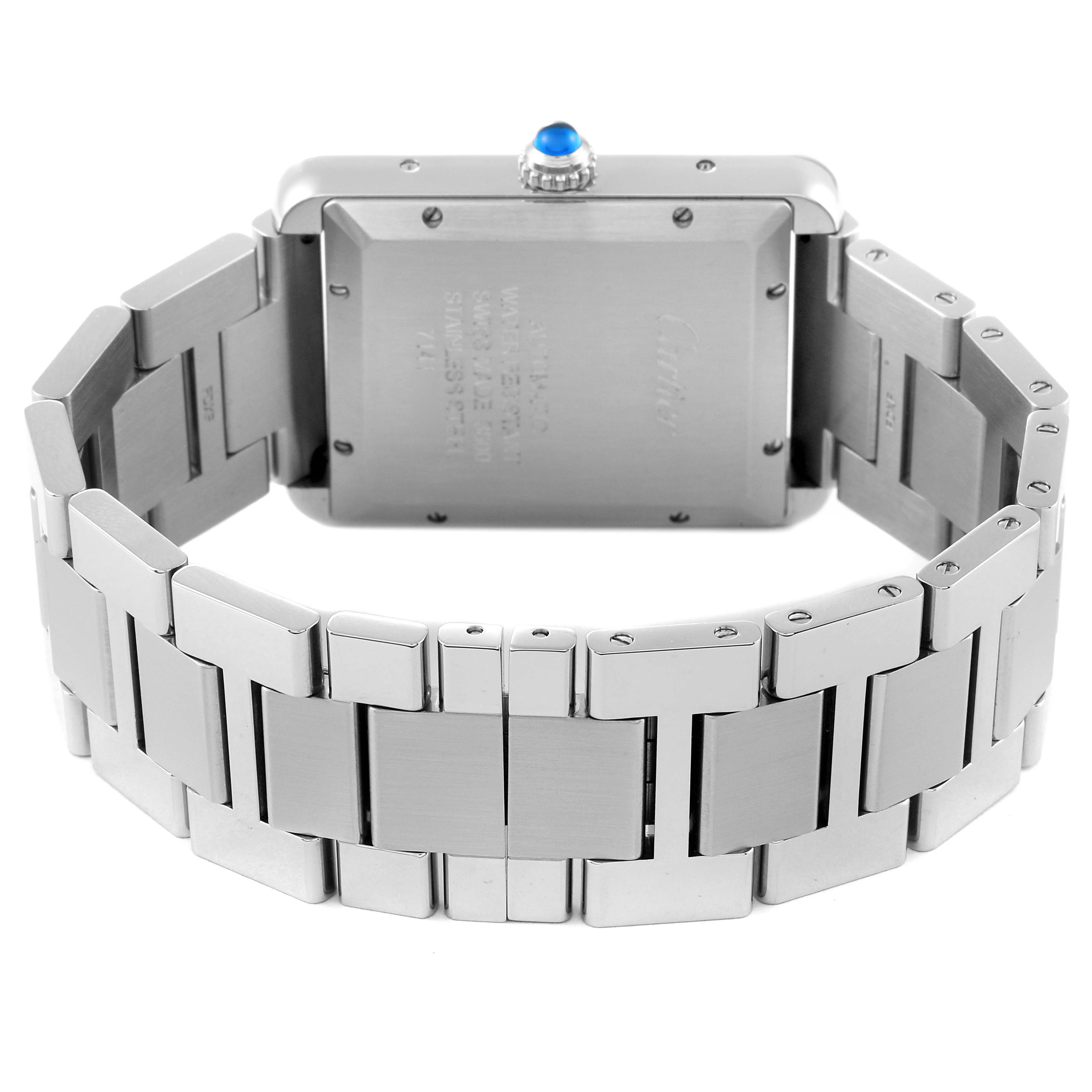 The image shows the back case and metal bracelet of the Cartier Tank Solo W5200028 Men
s Stainless Steel Silver Dial W5200028 Men
s Stainless Steel Silver Dial watch, featuring a blue cabochon crown.