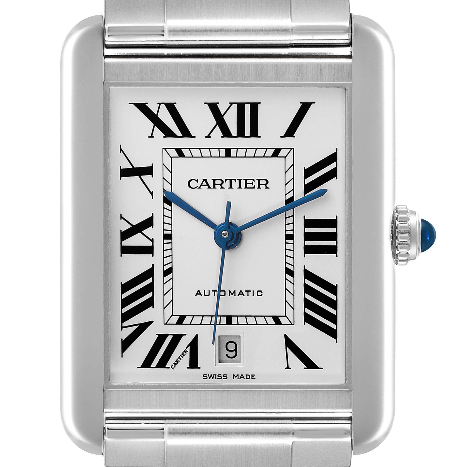 The image shows a close-up front view of the dial and bezel of the Cartier Tank Solo W5200028 Men
s Stainless Steel Silver Dial W5200028 Men
s Stainless Steel Silver Dial watch.
