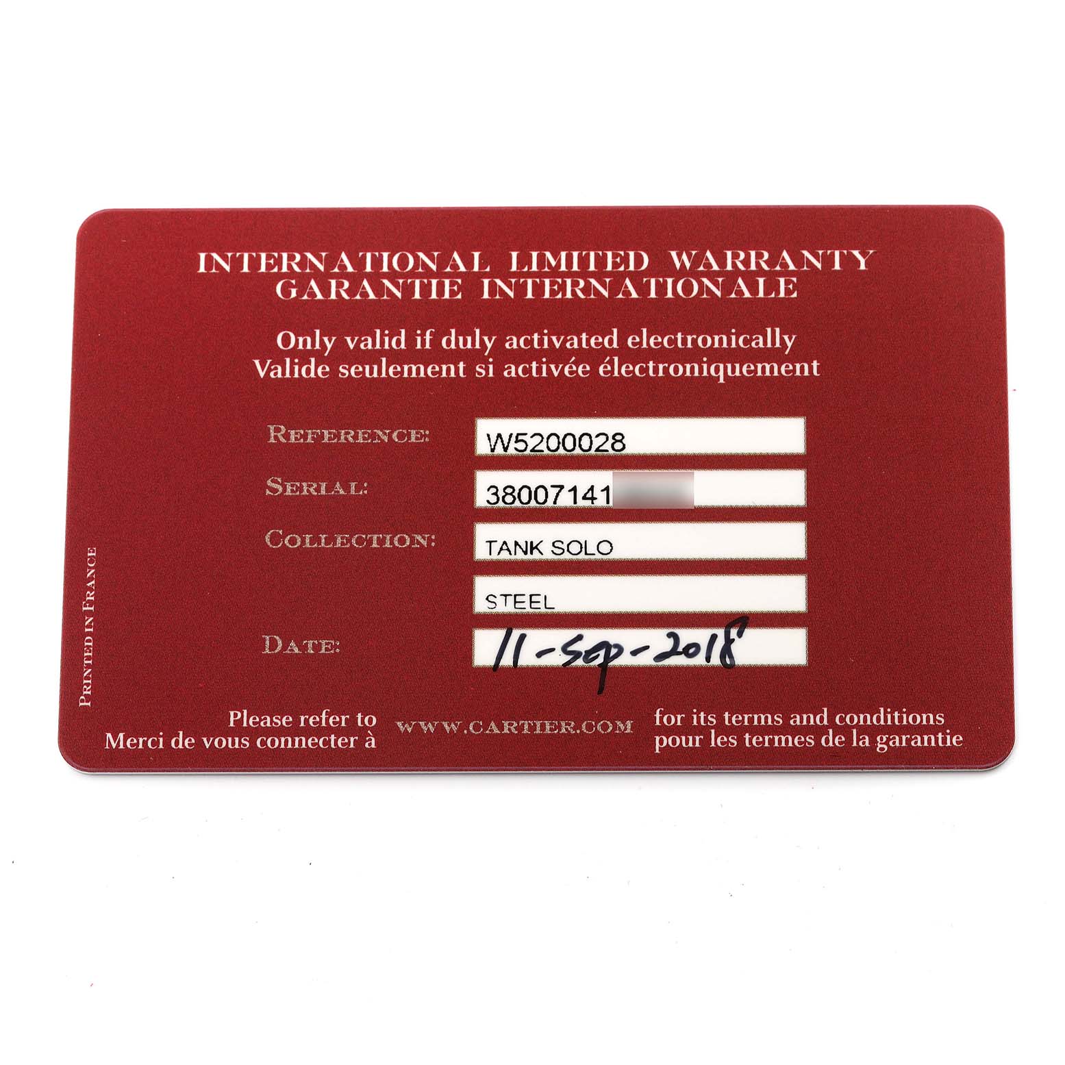 This is the international limited warranty card for the Cartier Tank Solo W5200028 Men
s Stainless Steel Silver Dial W5200028 Men
s Stainless Steel Silver Dial model watch.